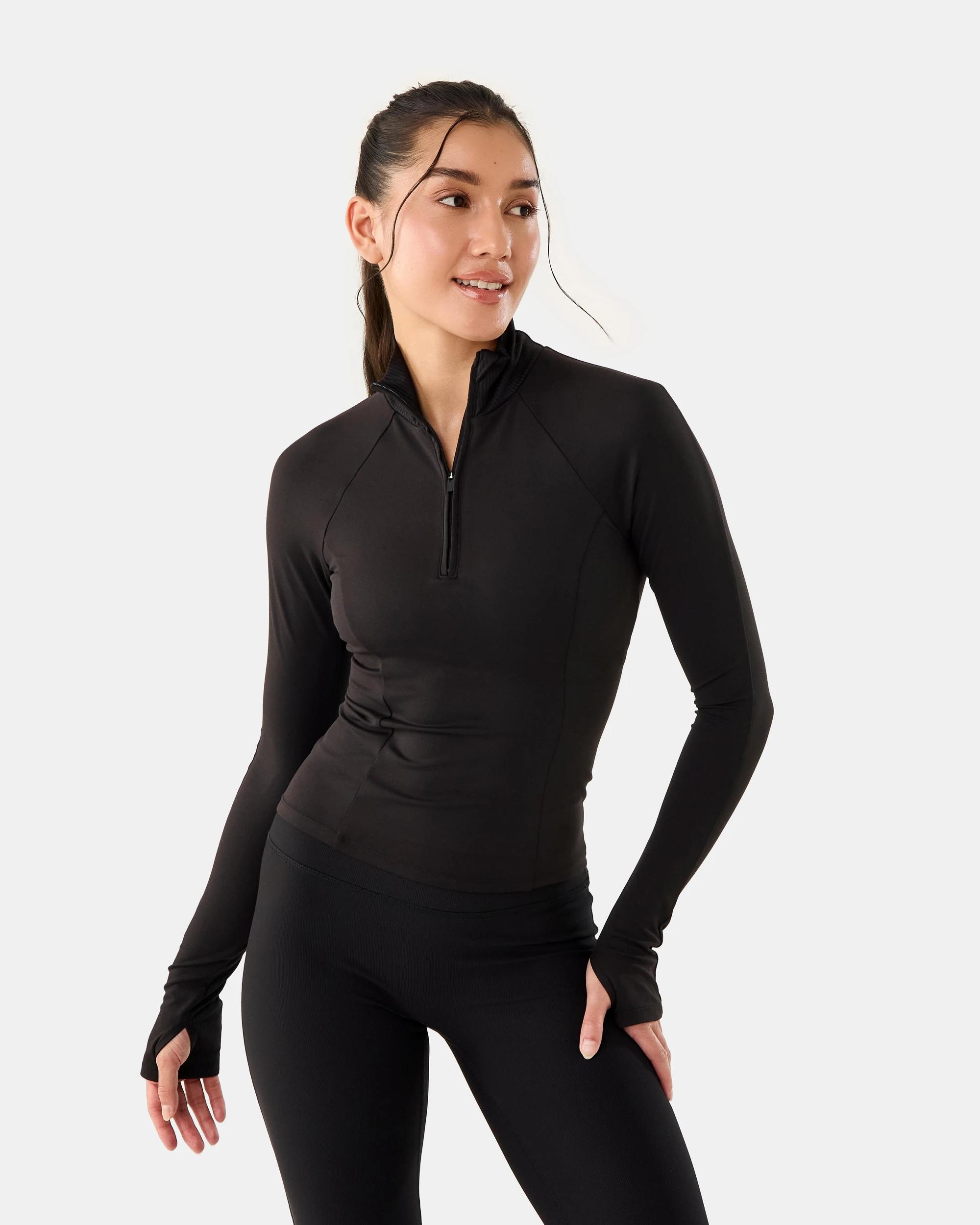 1 Active Womens Quarter Zip Rib Panel Long Sleeve Top Black, 1 of 7