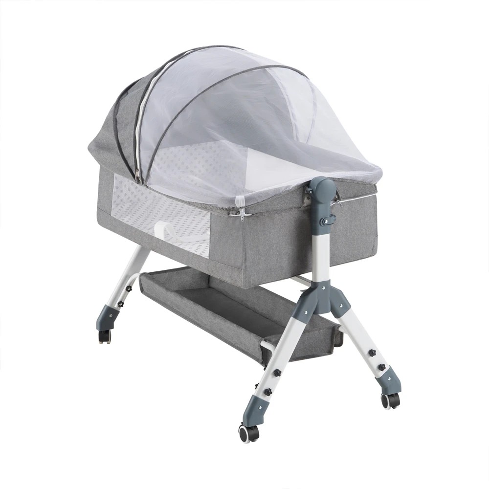 1 PlayPals Baby Cot Crib Bed Portable Bassinet Bedside Sleeper Adjustable Height - Grey, 1 of 3