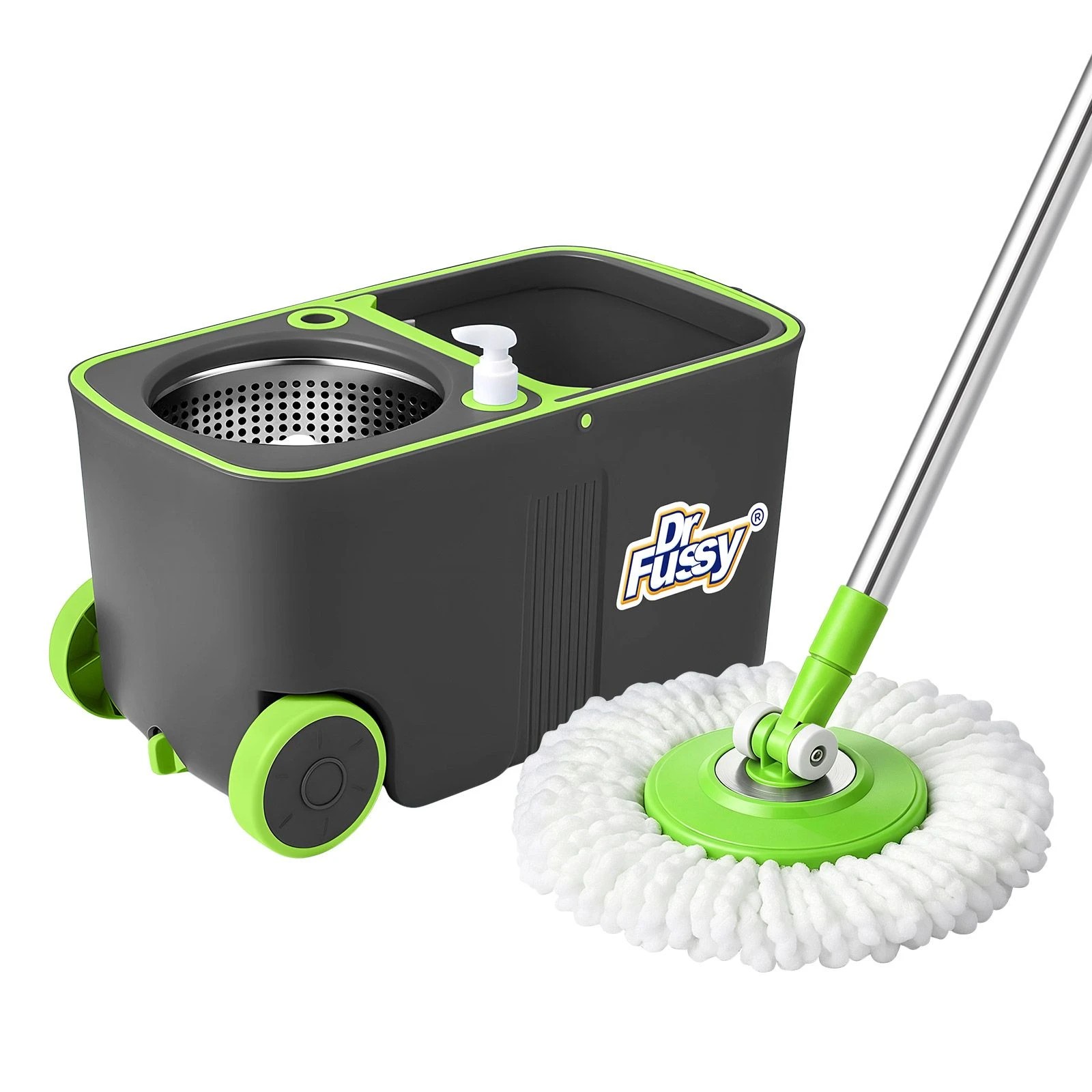 Dr Fussy 11L Spin Mop and Bucket with Wheels, 4 Microfibre Heads 360 ...