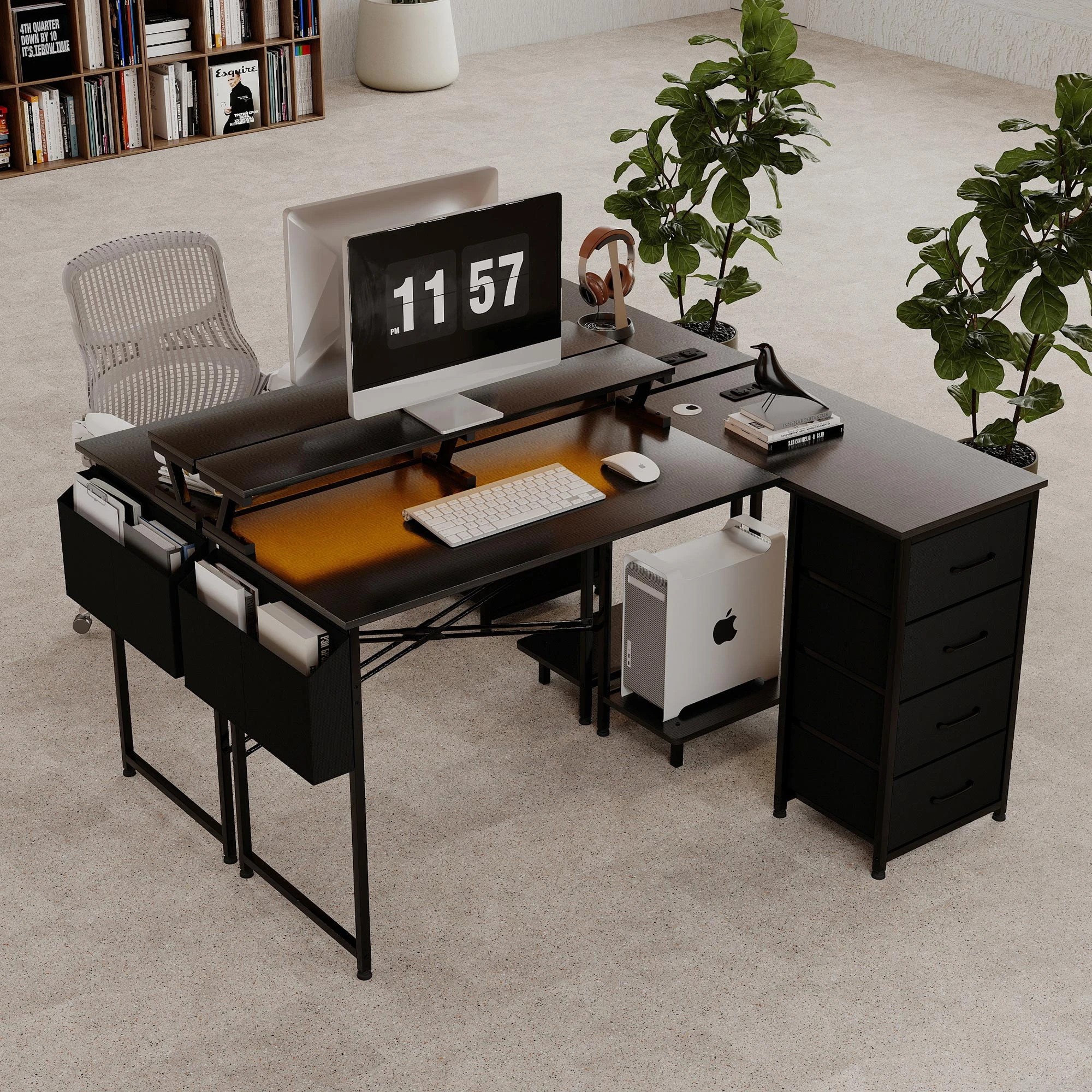 8 Levede L Shaped Gaming Desk with LED Storage Drawers Power Outlet - Black, 8 of 9