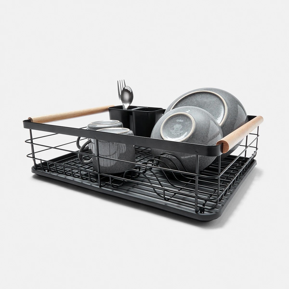 1 Black Wooden Handle Dish Rack, 1 of 11
