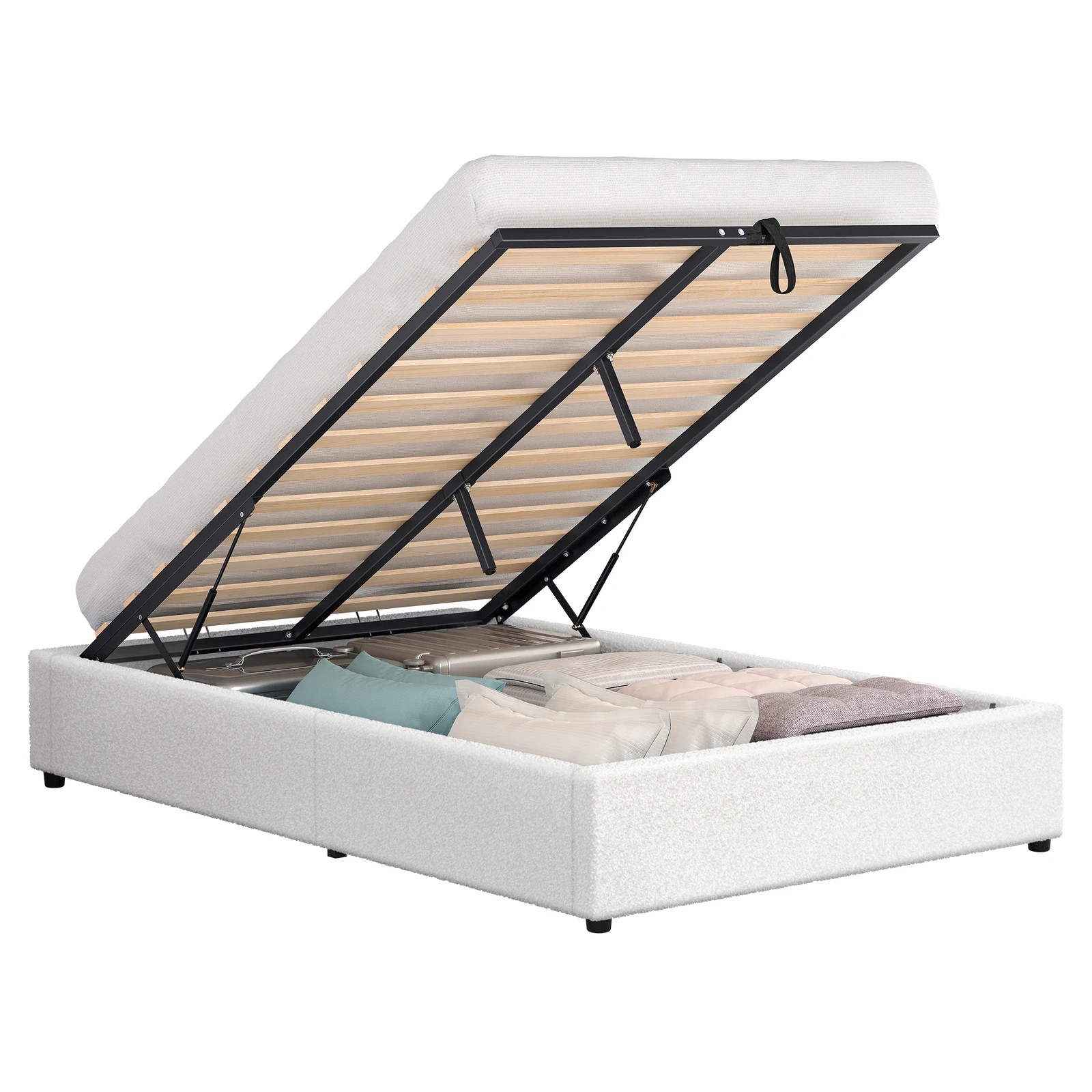 1 Alfordson Bed Frame King Single Gas Lift Storage Mattress Base Boucle Wilbur - White, 1 of 10