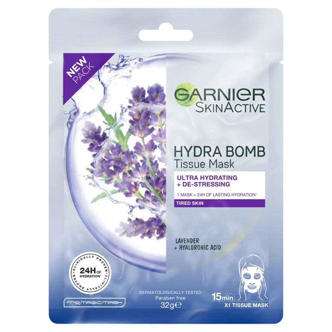1 Garnier SkinActive Hydra Bomb Tissue Mask 32g - Lavender & Hyaluronic Acid, 1 of 5