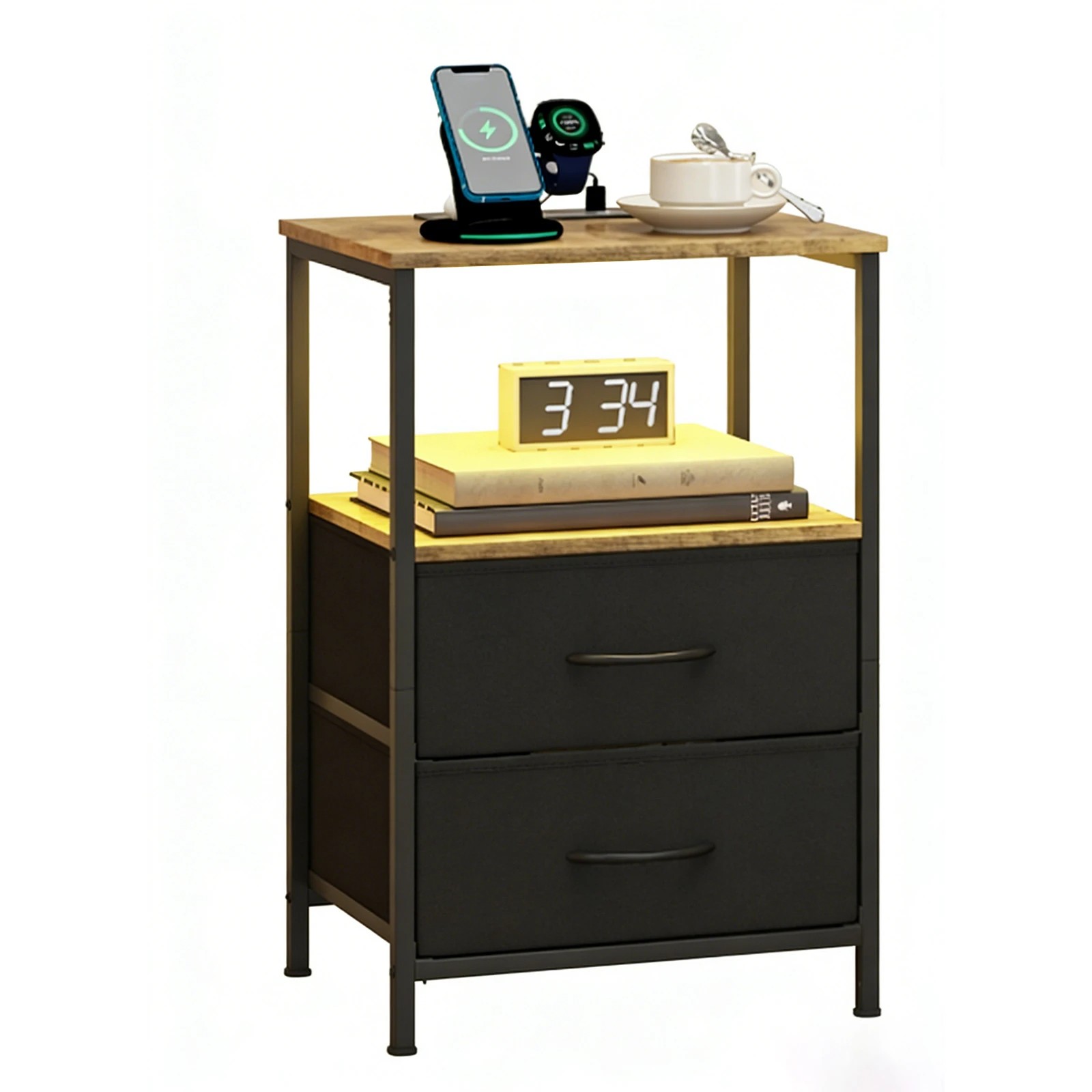 1 Advwin Led Bedside Table with Charging Station 2 Fabric Drawers - Brown, 1 of 6
