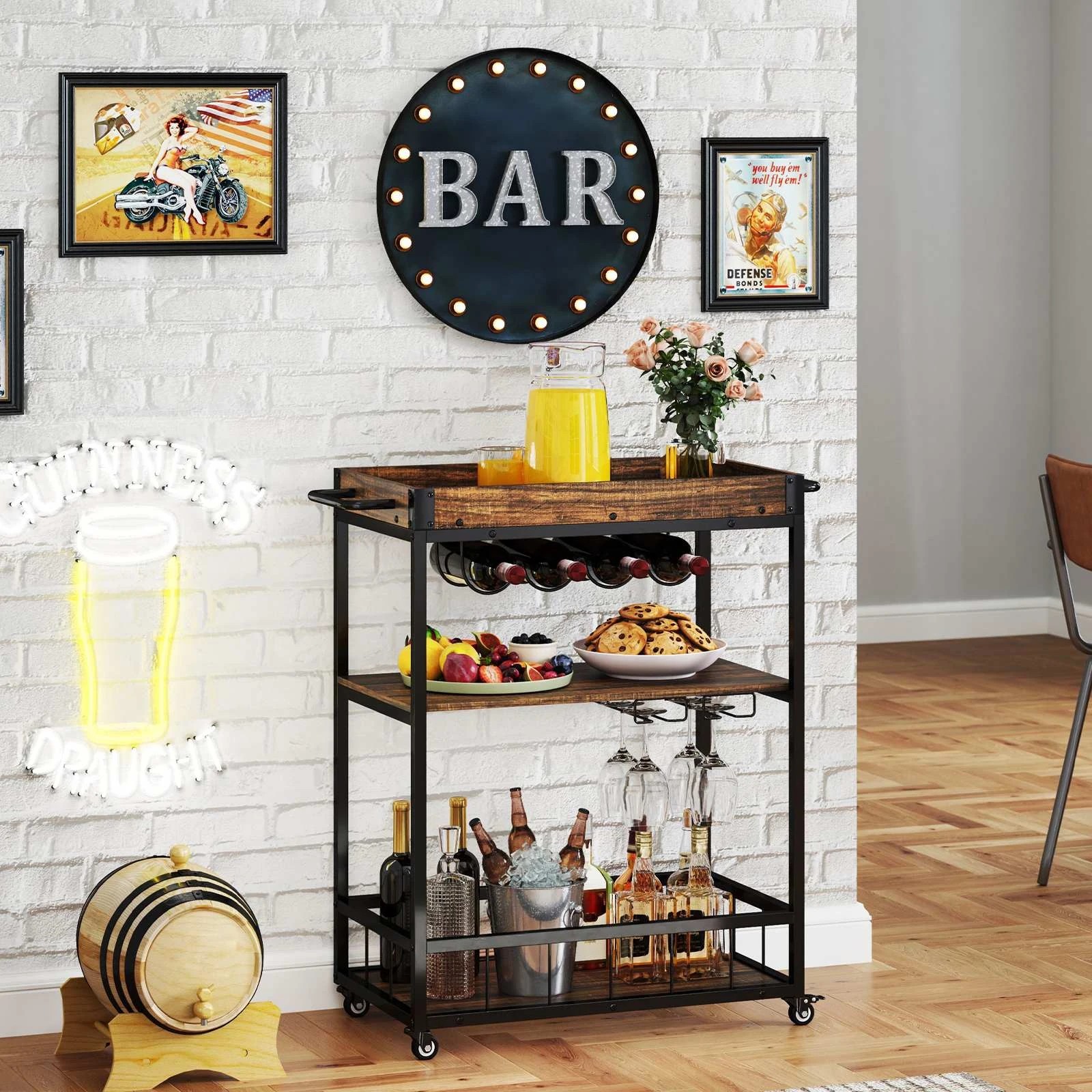 2 Costway 3-Tier Bar Cart w/Glass Holder, 2 of 5
