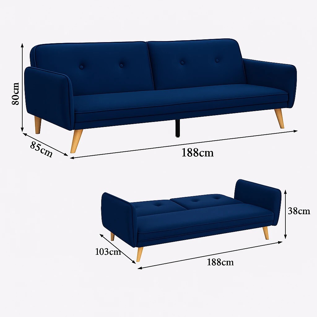 4 Foret Velvet 3 Seater Sofa Bed Click Clack Lounge Couch Convertible Futon Blue, 4 of 9