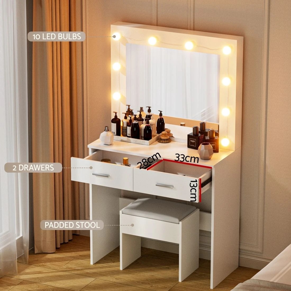 7 Artiss Dressing Table Vanity Desk Set Stool 10 Led Bulbs - White, 7 of 8