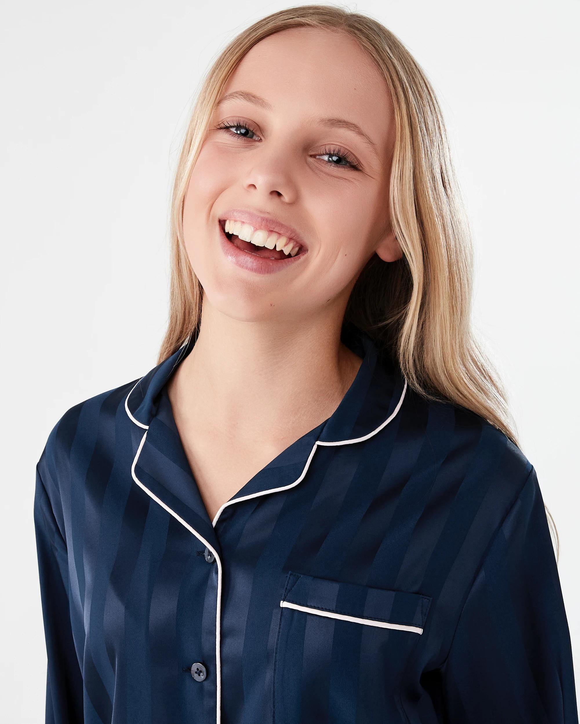 3 Long Sleeve Satin Pyjama Set Dress Navy, 3 of 7