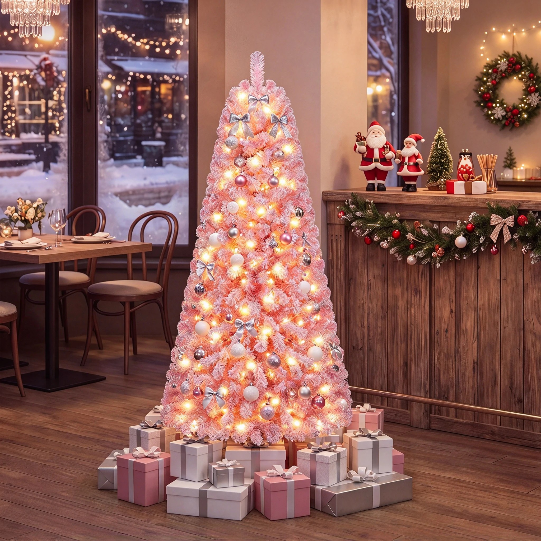 4 Costway 150cm Flocked Fir Christmas Tree Pink Artificial Xmas Tree w/160 LEDs, 4 of 6