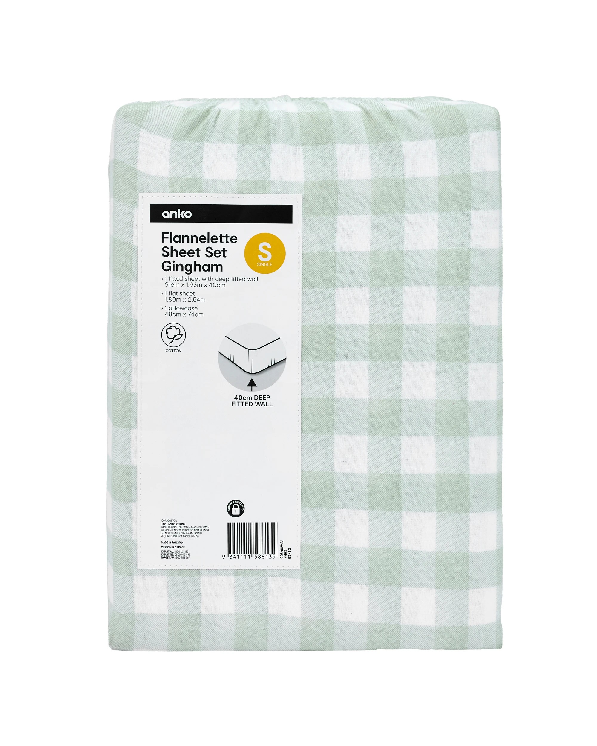 7 Gingham Cotton Flannelette Sheet Set - Single Bed, Sage, 7 of 7