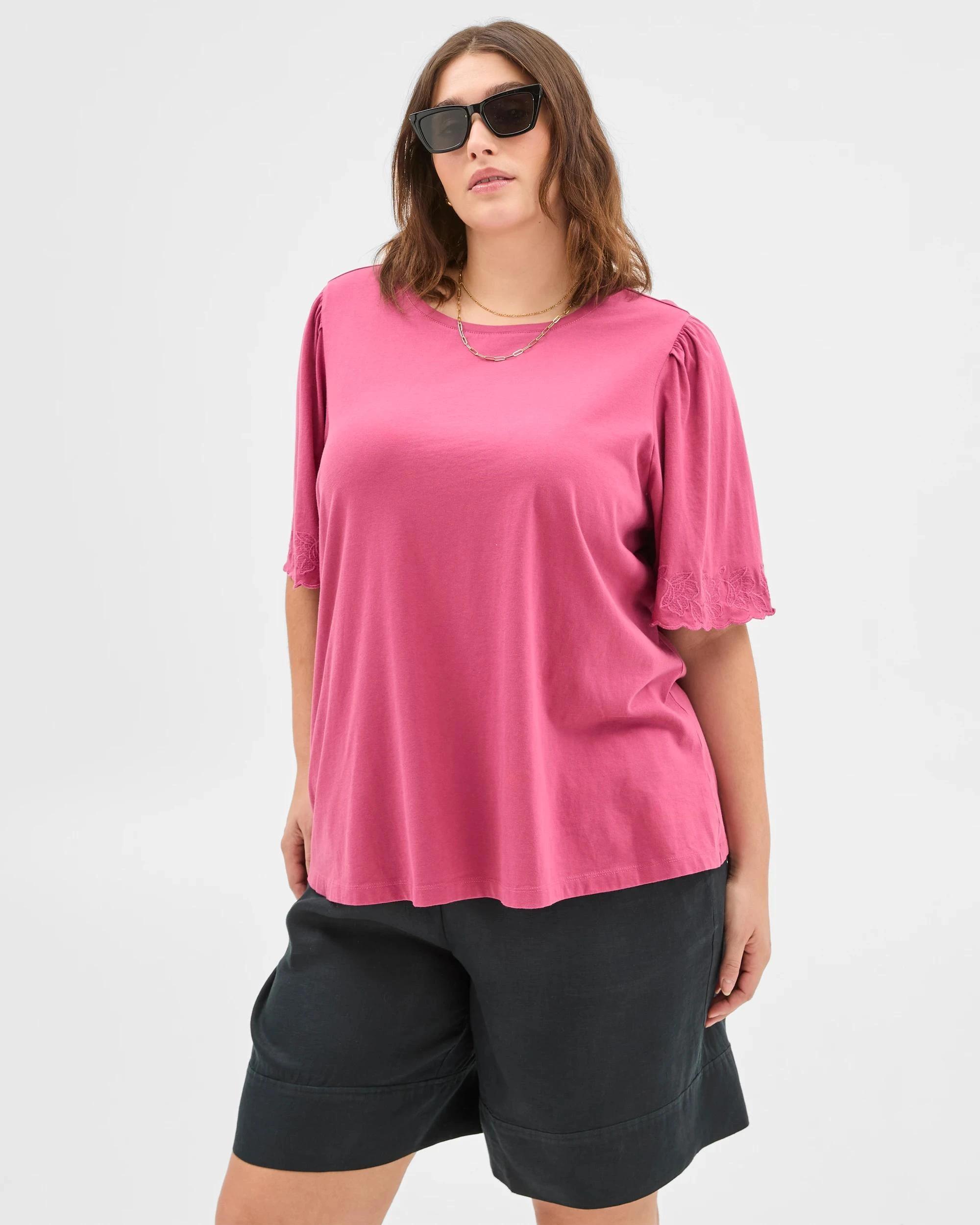 1 Target Plus Size Australian Cotton Embroidered Sleeve T-Shirt BERRY, 1 of 6