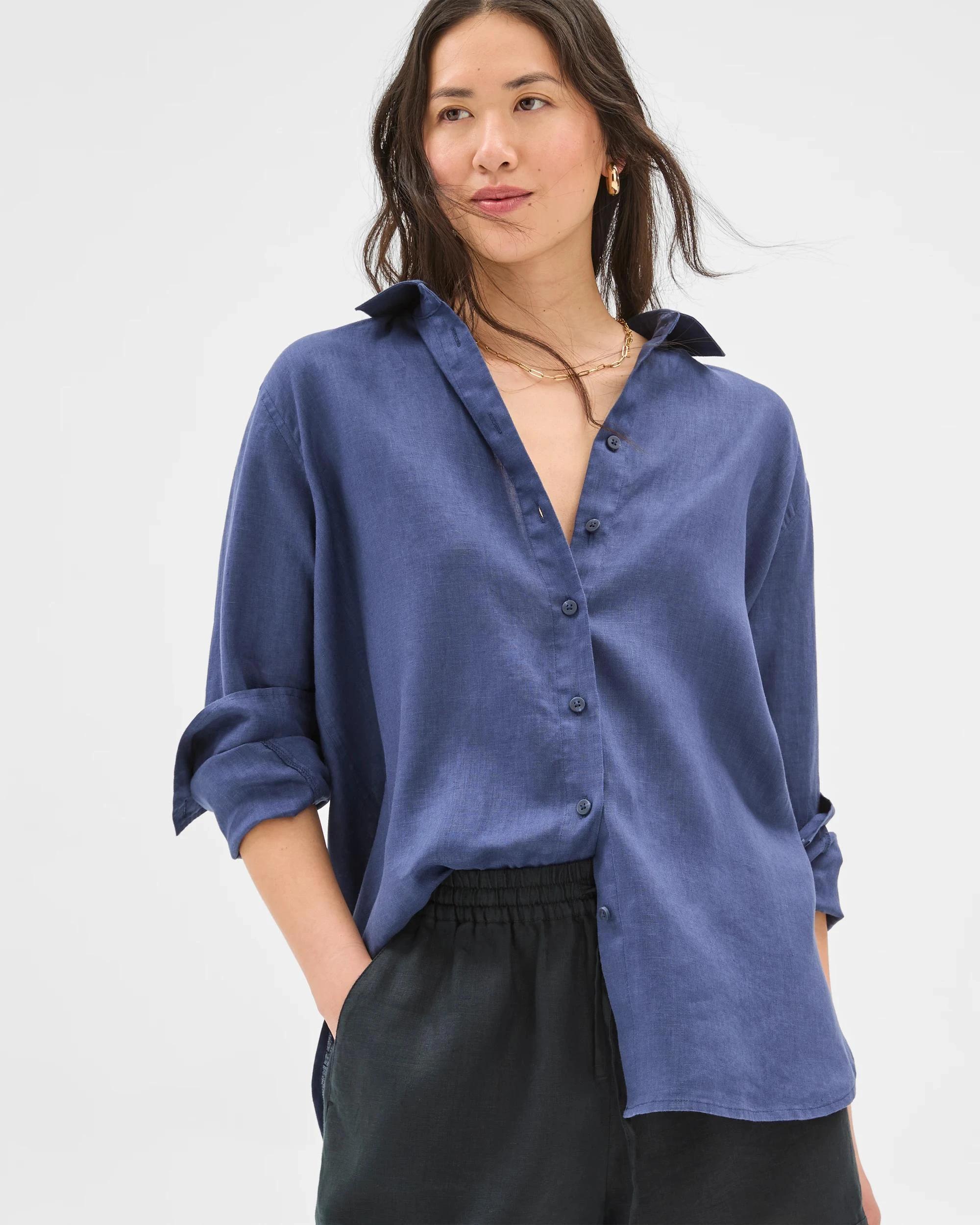1 Target Woman European Linen Long Sleeve Shirt BLUE INDIGO, 1 of 8