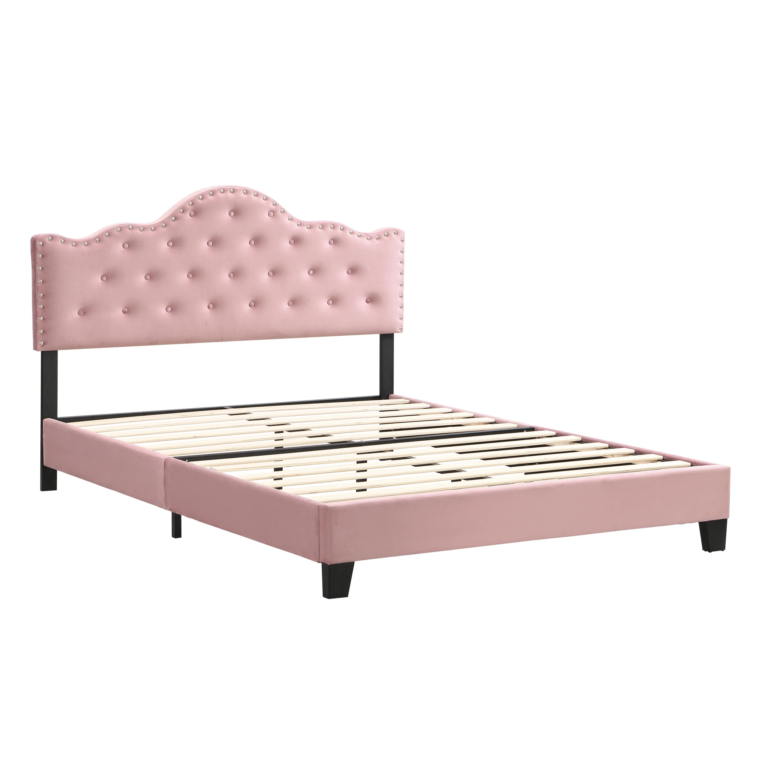 1 IHOMDEC BEF05 Velvet Crown Shape Double Bed Frame - Pink - Pink, 1 of 10