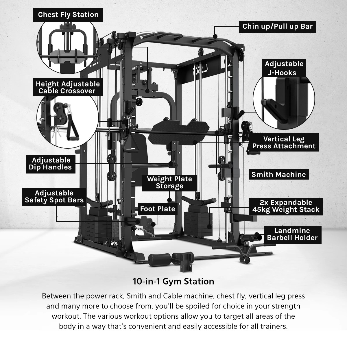 3 LSG GRK200 10-in-1 Home Gym Station, Power Rack, Smith Machine and Cable Crossover - Black, 3 of 7