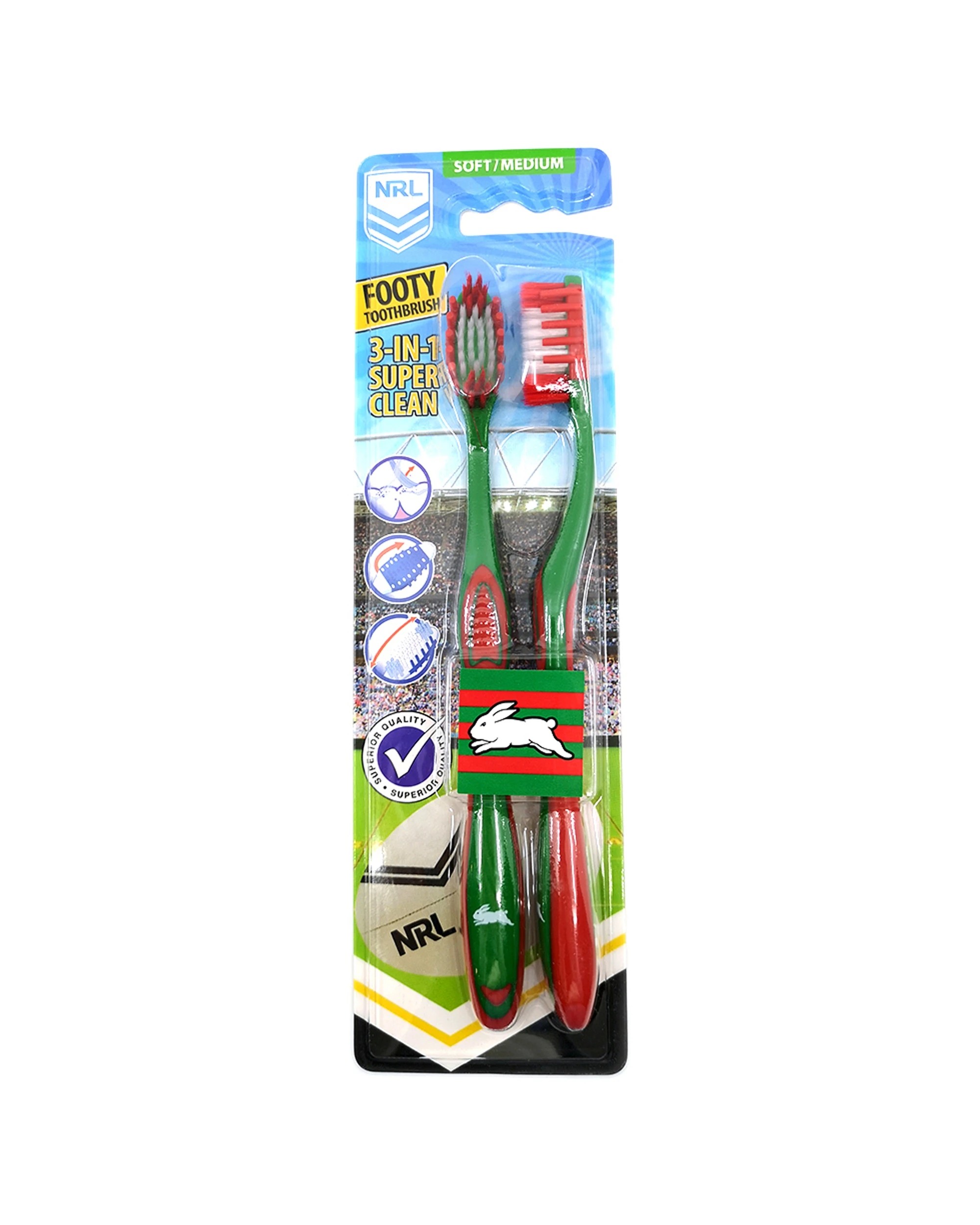 2 NRL 3x 2pc South Sydney Rabbitohs Soft/Medium Toothbrush Kids/Adults - Multi, 2 of 2