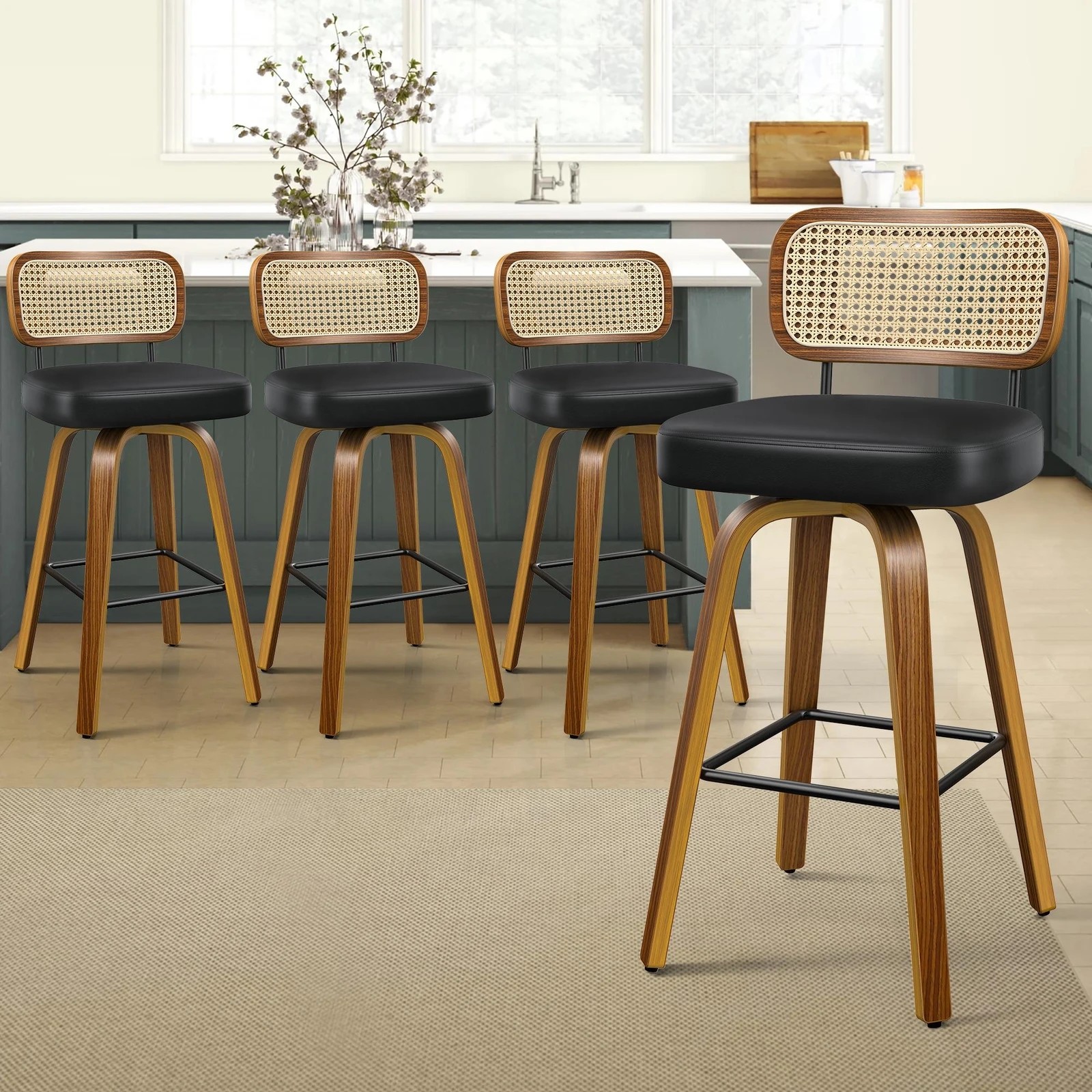 3 Alfordson 4x Bar Stools Kitchen Vintage Leather Seat Rattan Chair - Black, 3 of 9