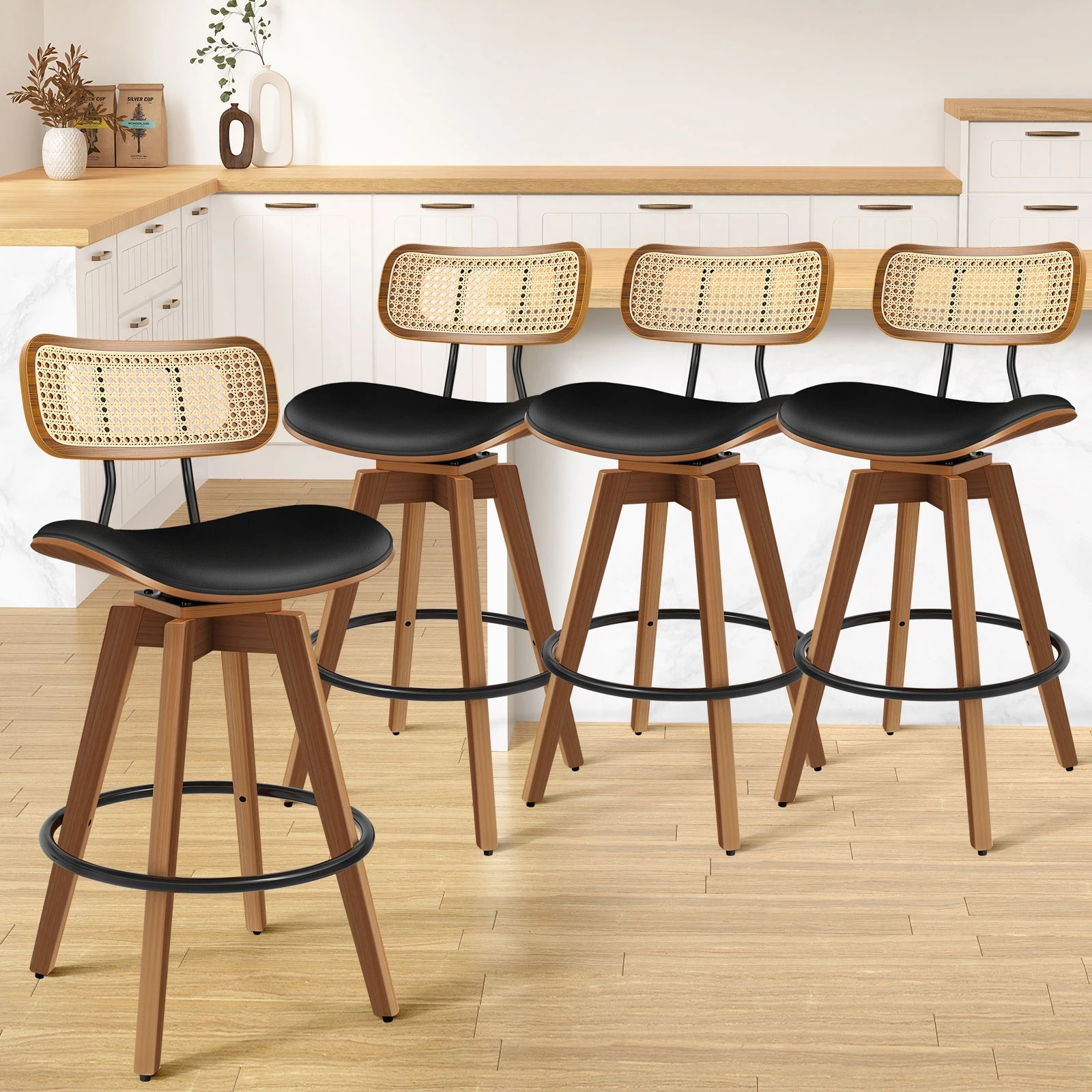 2 Alfordson 4x Bar Stools Kitchen Vintage Leather Seat Rattan Chair - Black, 2 of 10