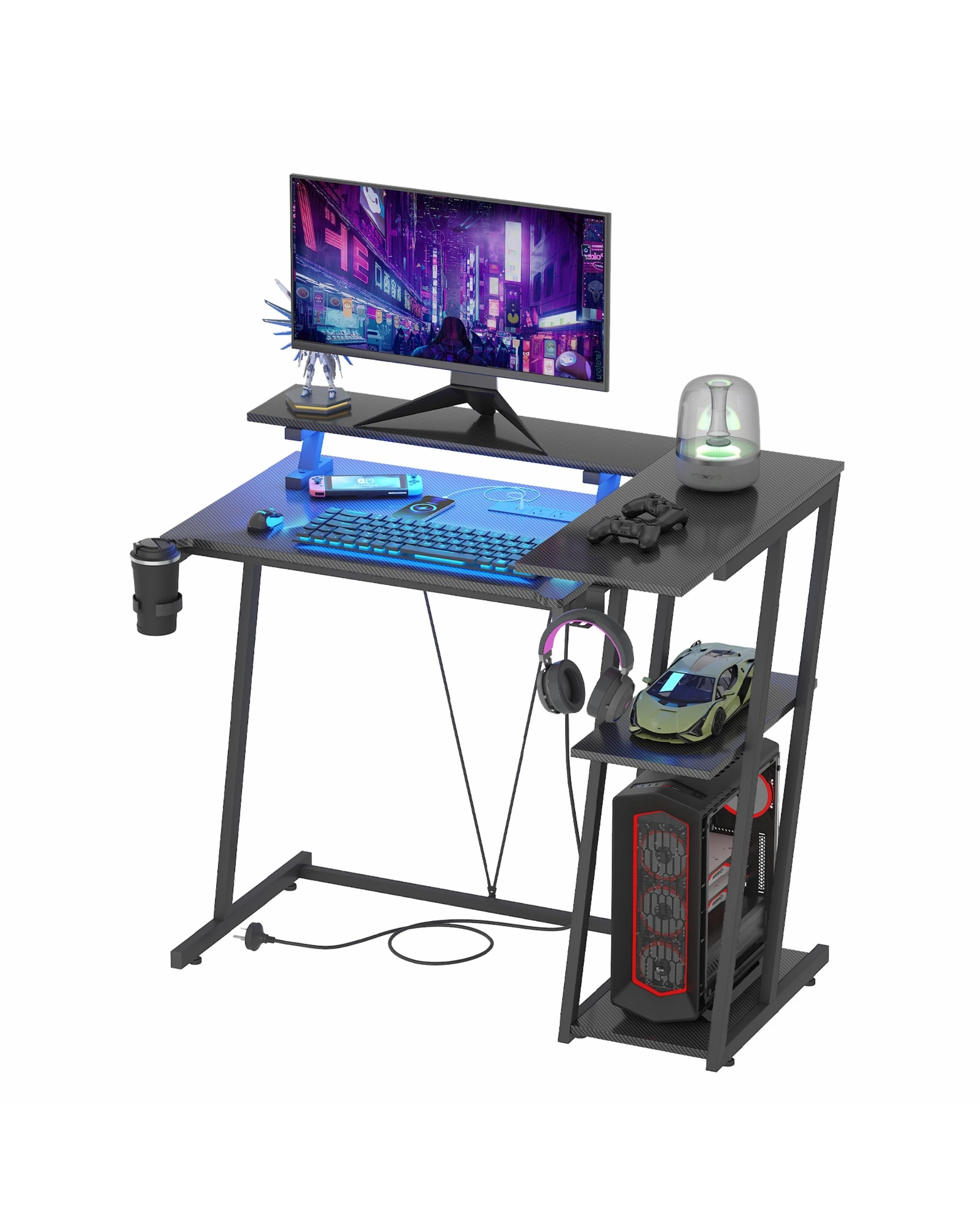 8 Advwin L Shaped Gaming Desk with LED Lights & Power Outlets Reversible Storage Shelf 100cm - Black, 8 of 10