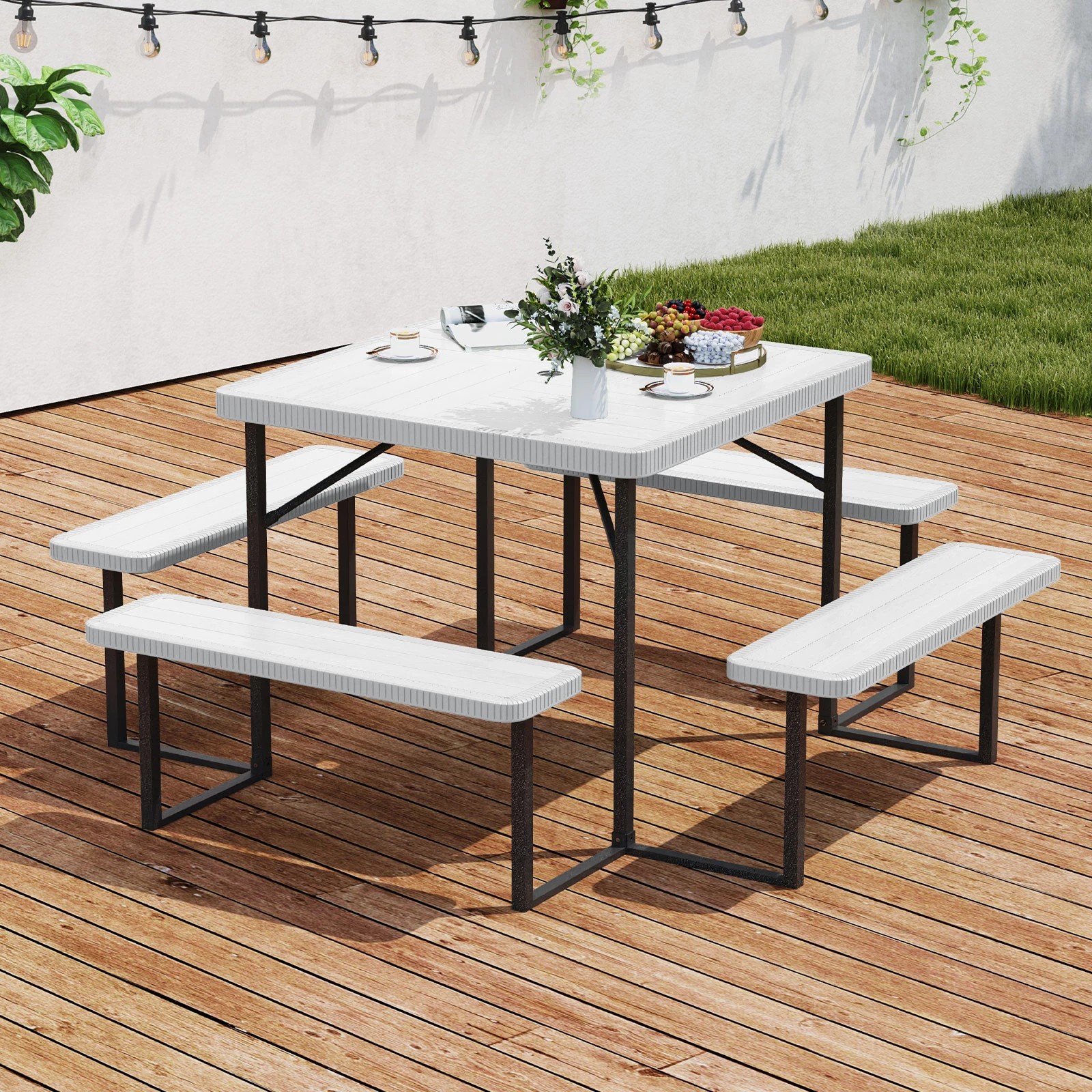 3 Costway Picnic Table Bench Set for 4-8 People w/All-Weather HDPE Tabletop & Umbrella Hole - White, 3 of 3