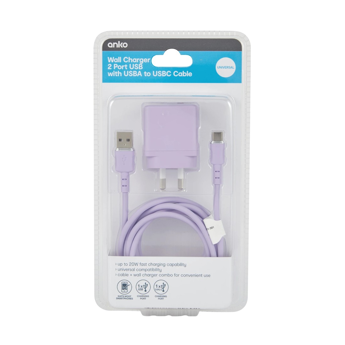 6 Wall USB Charger with USB-A to USB-C - Purple, 6 of 7
