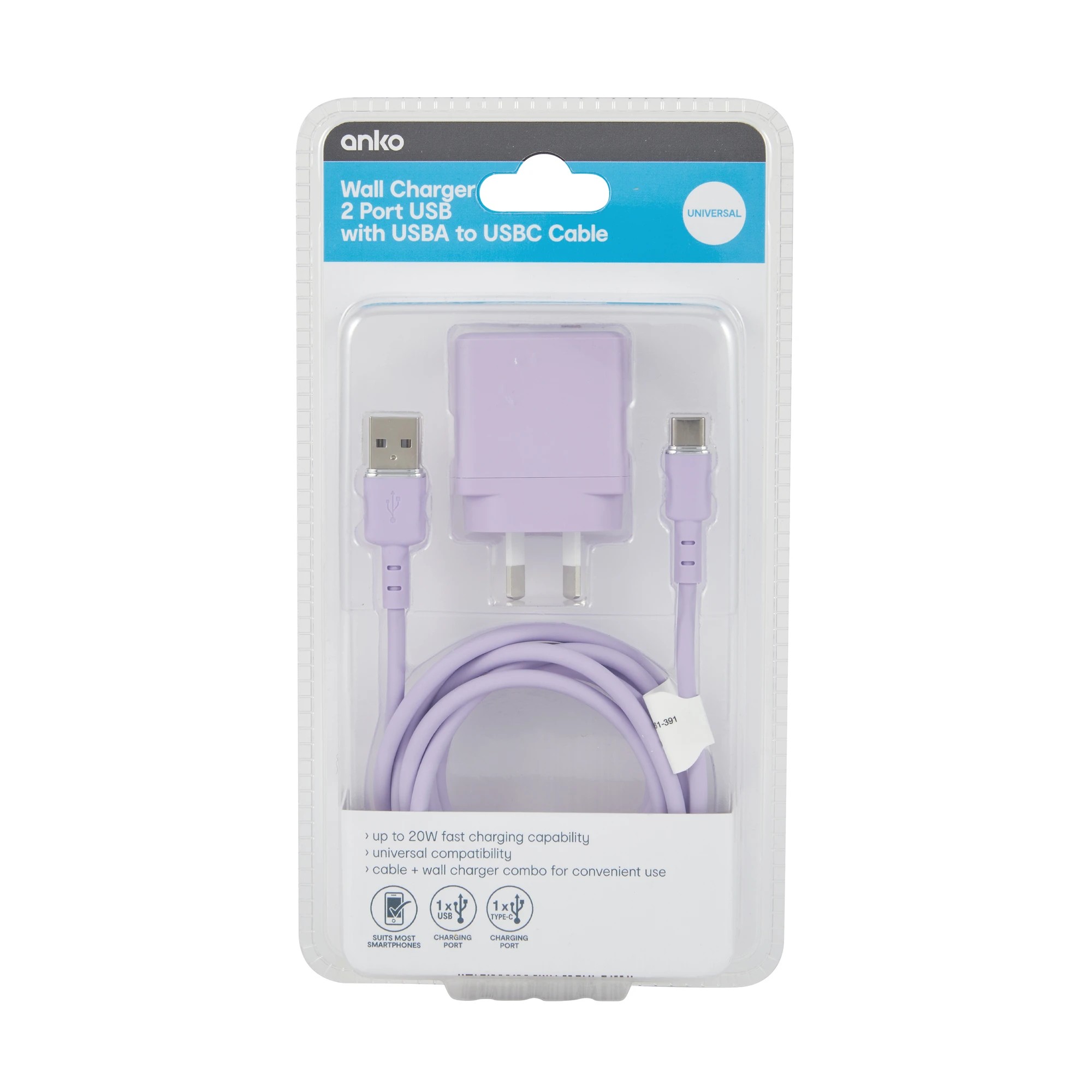 6 Wall USB Charger with USB-A to USB-C - Purple, 6 of 7