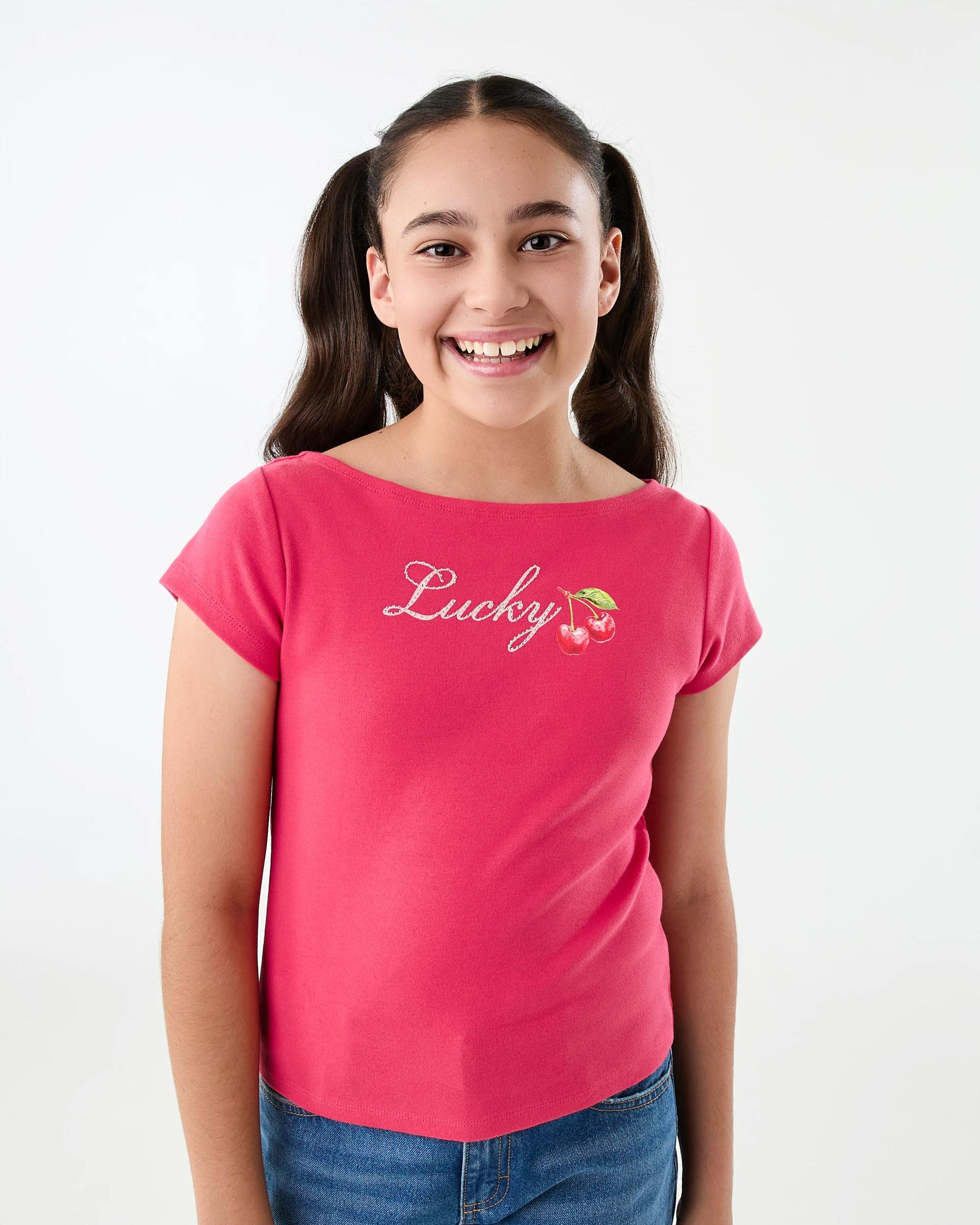1 Short Sleeve Boat Neck T-shirt Red Text, 1 of 7