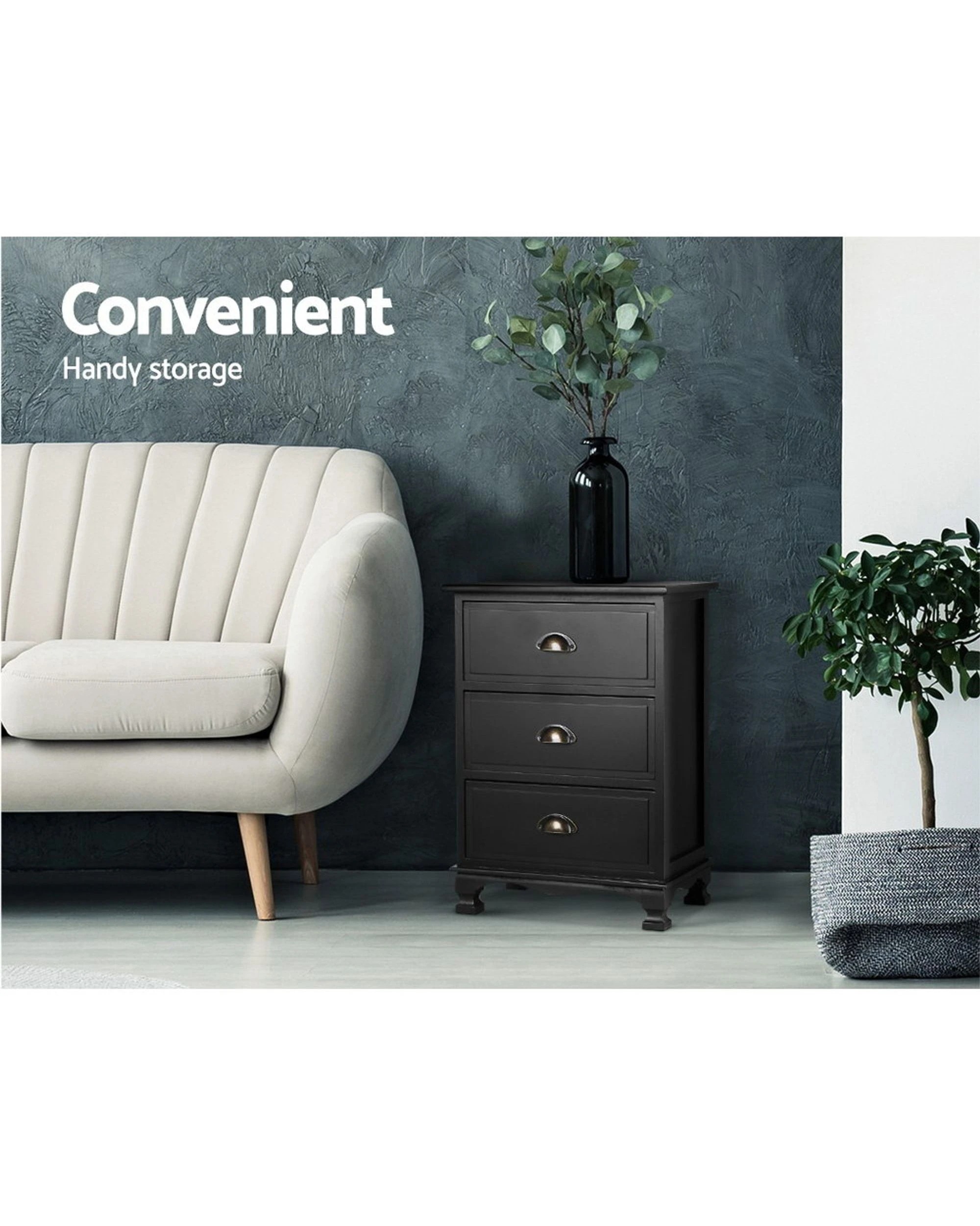 3 Artiss Bedside Table 3 Drawers Vintage - THYME - Black, 3 of 8