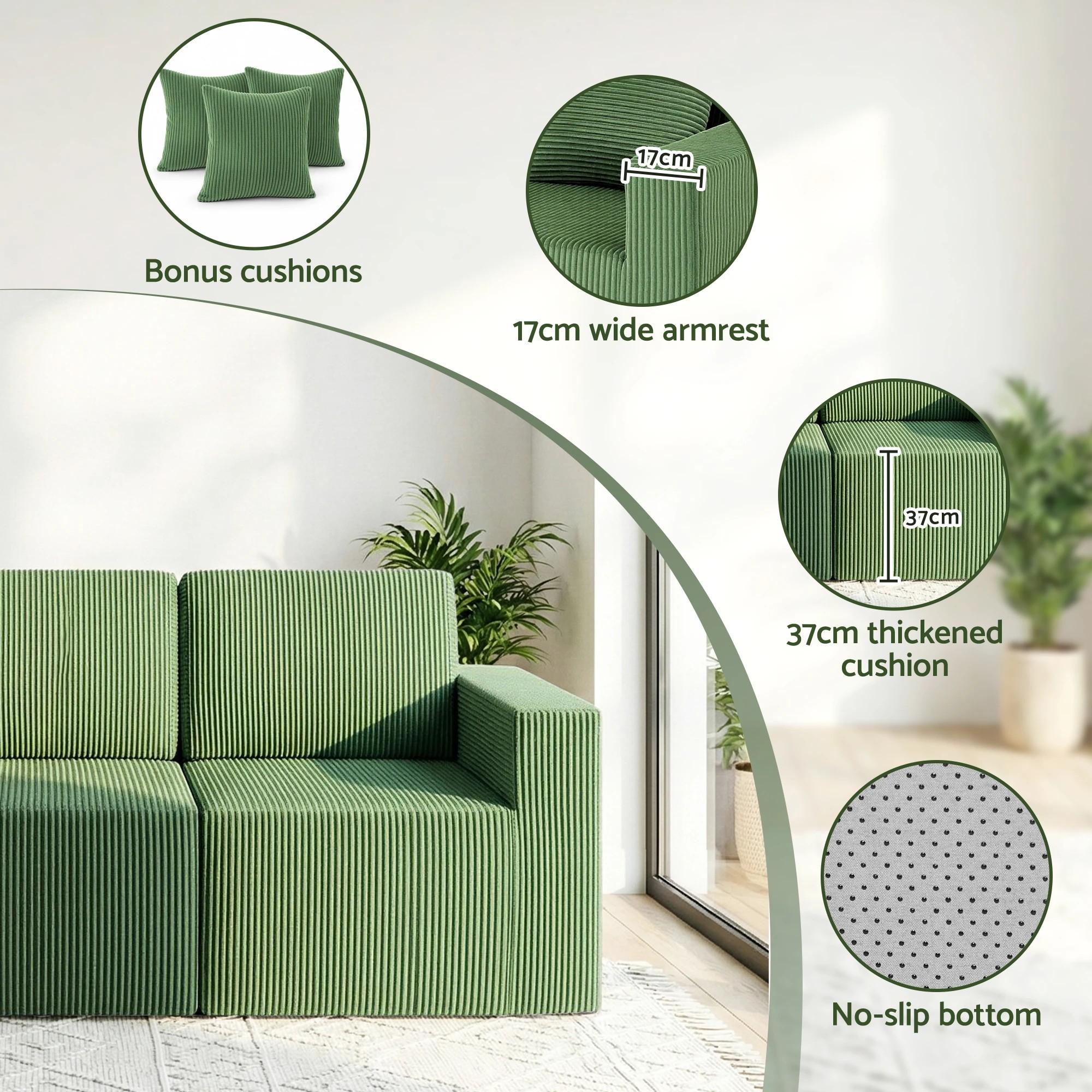 6 Artiss Modular 3-Seater Sofa Bed Convertible Sectional Floor Couch with Deep - Green, 6 of 8