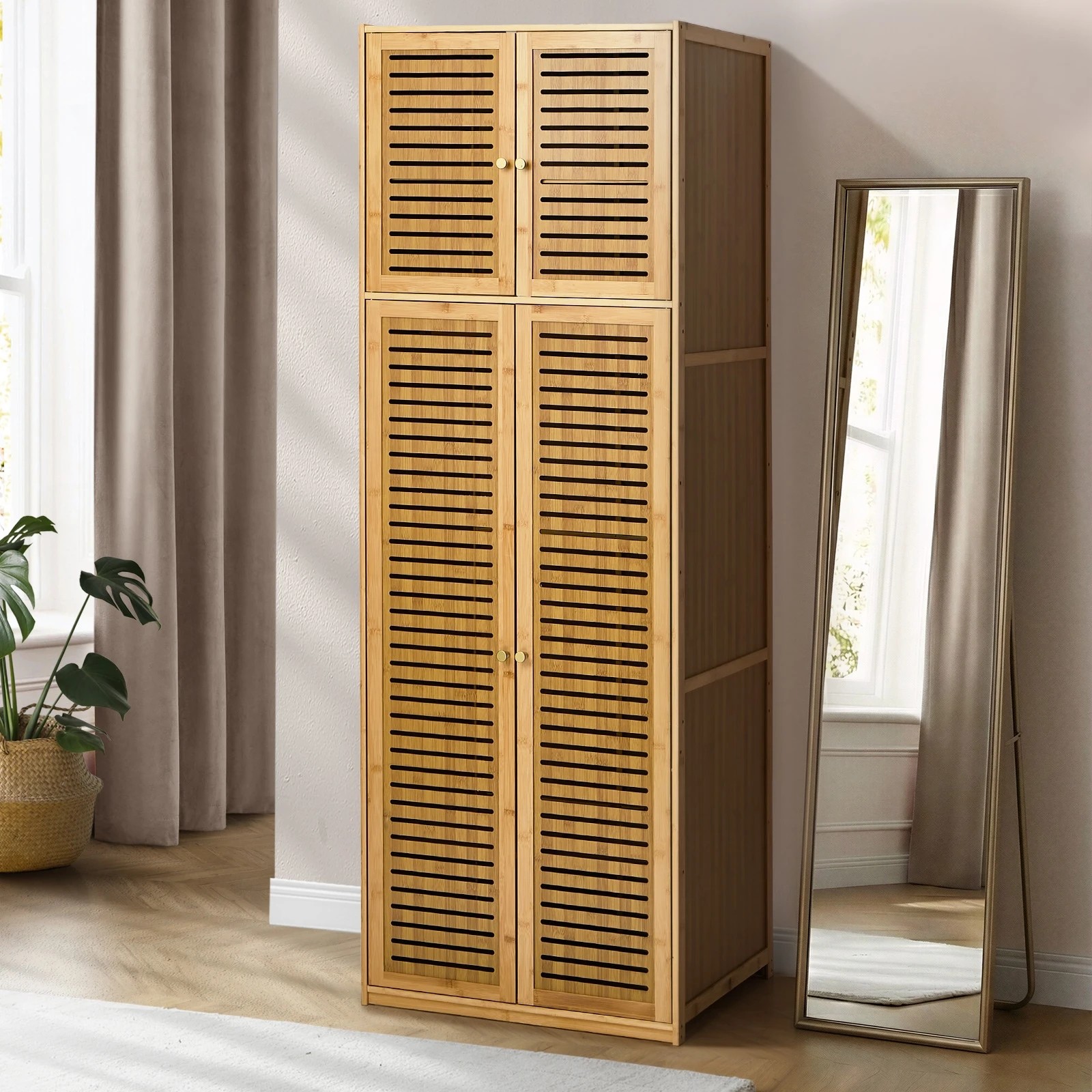 2 Oikiture Bamboo Wardrobe 4 Doors Clothes Storage Cabinet Hanging Rod - Brown, 2 of 9
