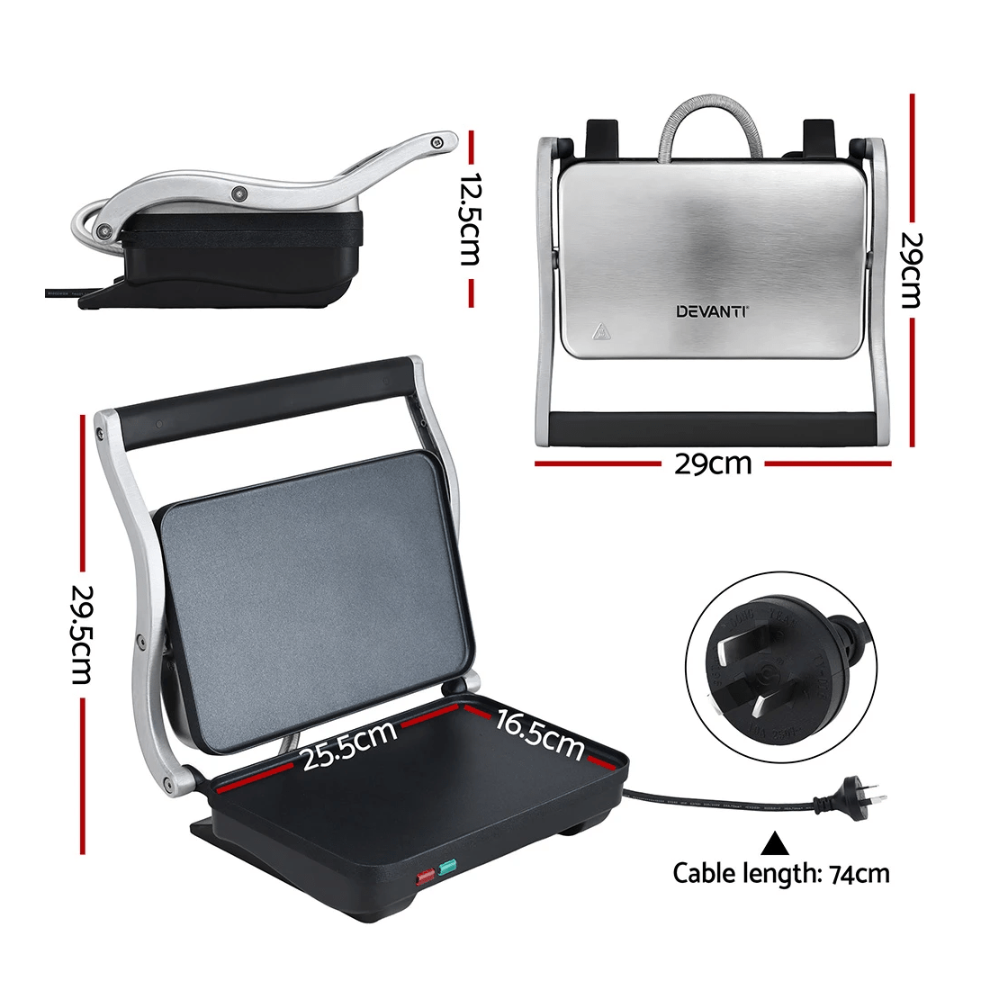 2 Devanti 3 in 1 Sandwich Maker Steak Press Grill 1000W - Black, 2 of 2