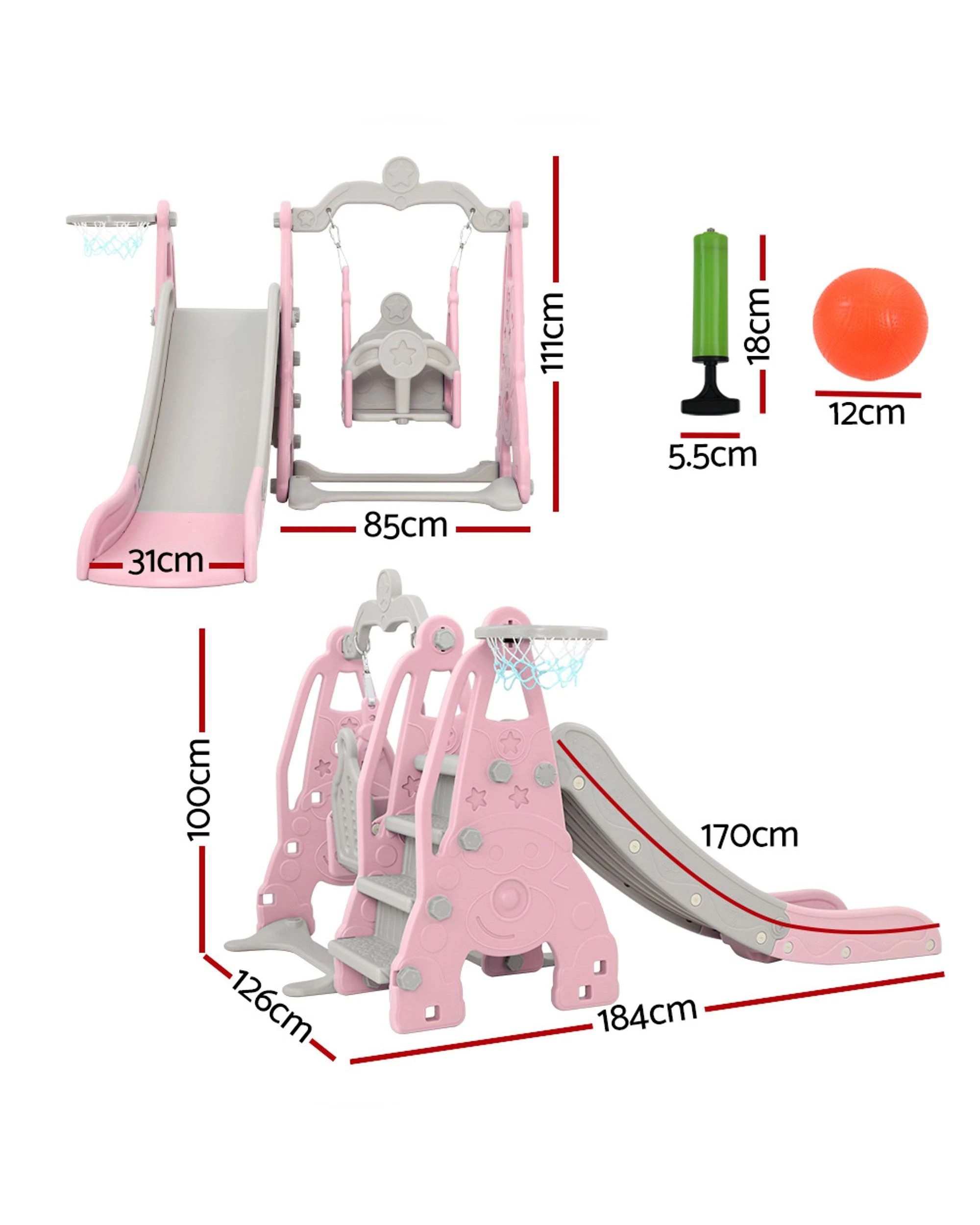 3 Keezi Kids Slide Swing Set Basketball Hoop Outdoor Playground Toys 170cm - Pink, 3 of 6