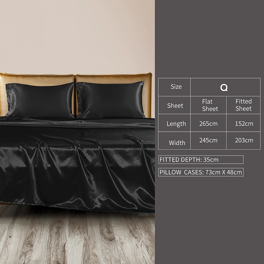 3 Dreamz Black Satin Bed Sheet Set - Queen Bed, 3 of 6