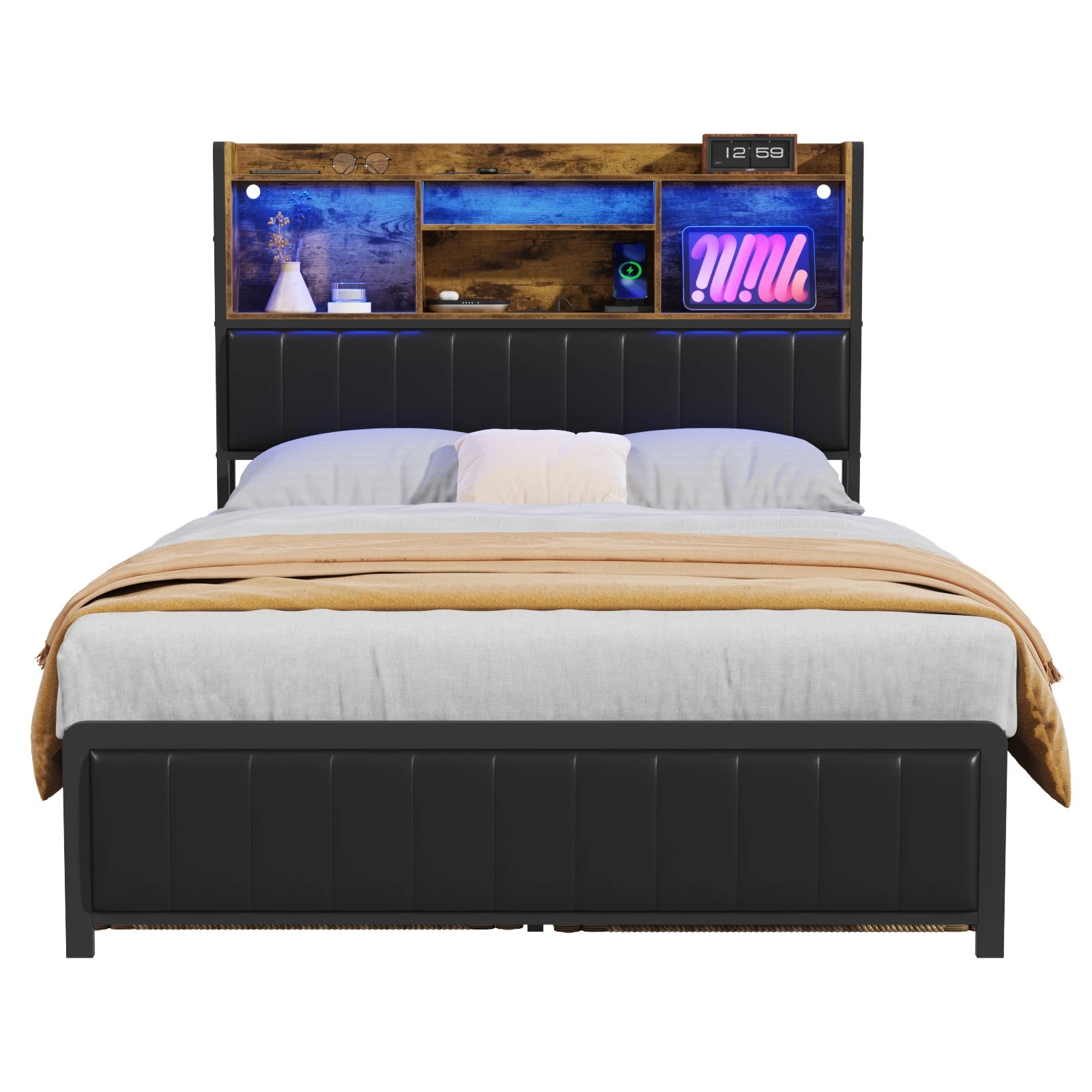 1 Advwin Double Bed Frame With Charging Station & Led Storage Bookcase, 1 of 6