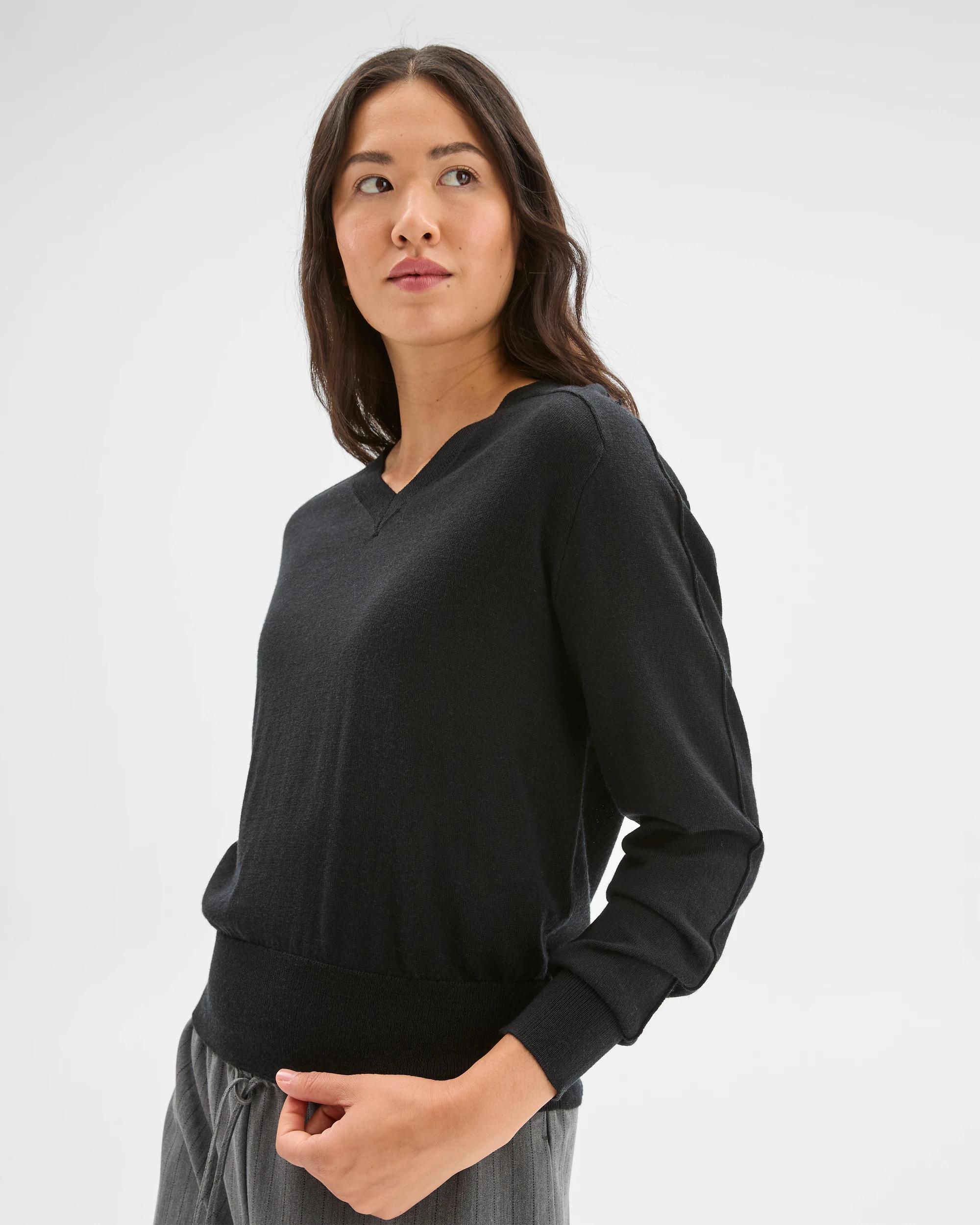3 Preview Australian Merino Wool Long Sleeve V-Neck Knit Top BLACK, 3 of 6