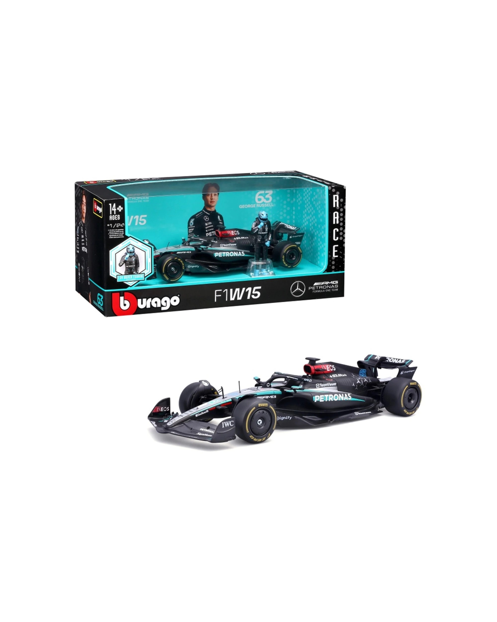 5 Bburago Mercedes AMG W15 Model With Russell Figurine 2024 Replica Car Toy - Multi, 5 of 6