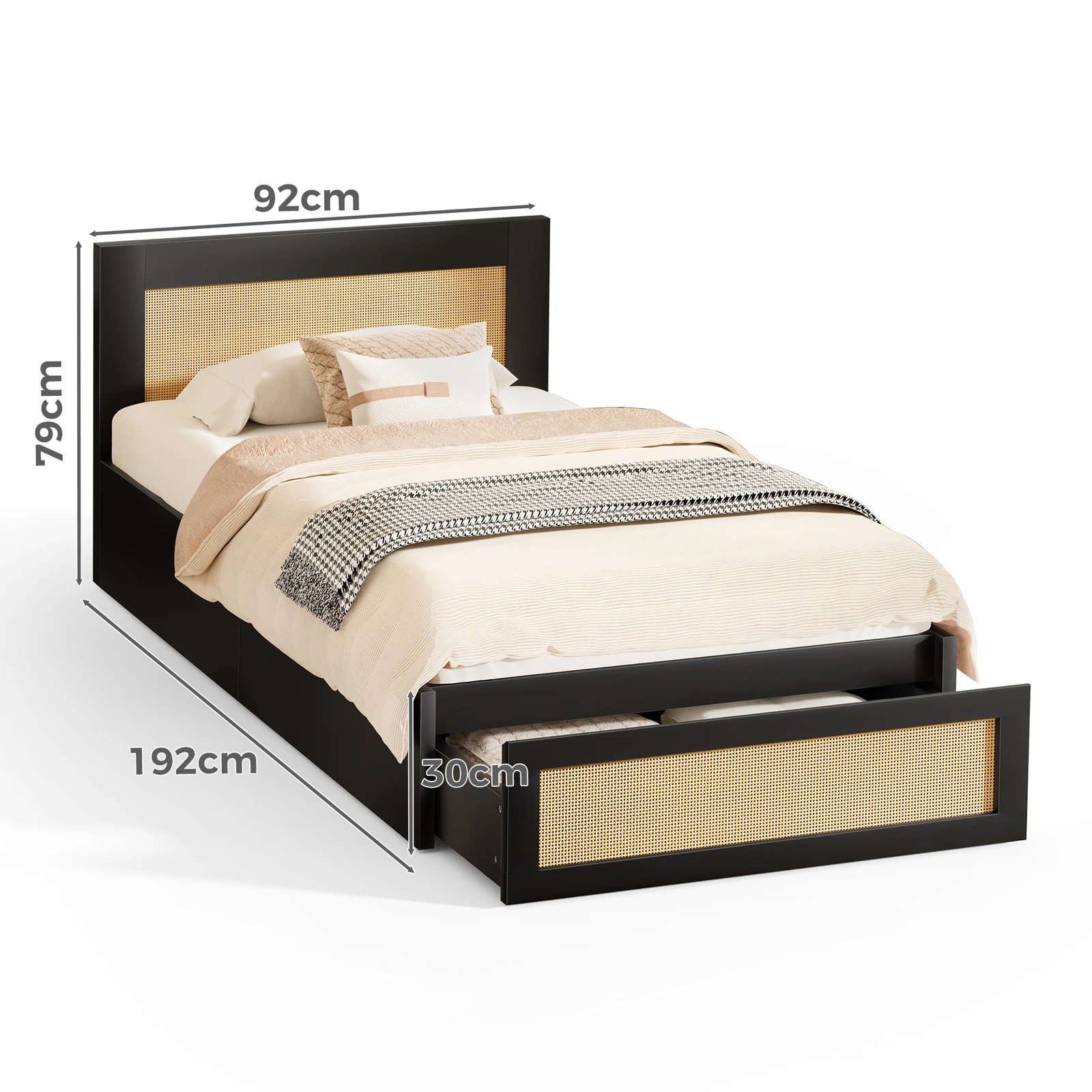 2 Alfordson Wooden Bed Frame Single Size Rattan Bed Base with Storage Drawer - Black, 2 of 10