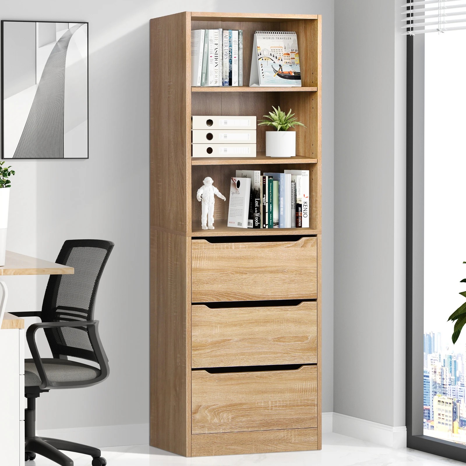 2 Alfordson Chest of 3 Drawers Office Storage Cabinet Tallboy Bedroom - Oak, 2 of 10