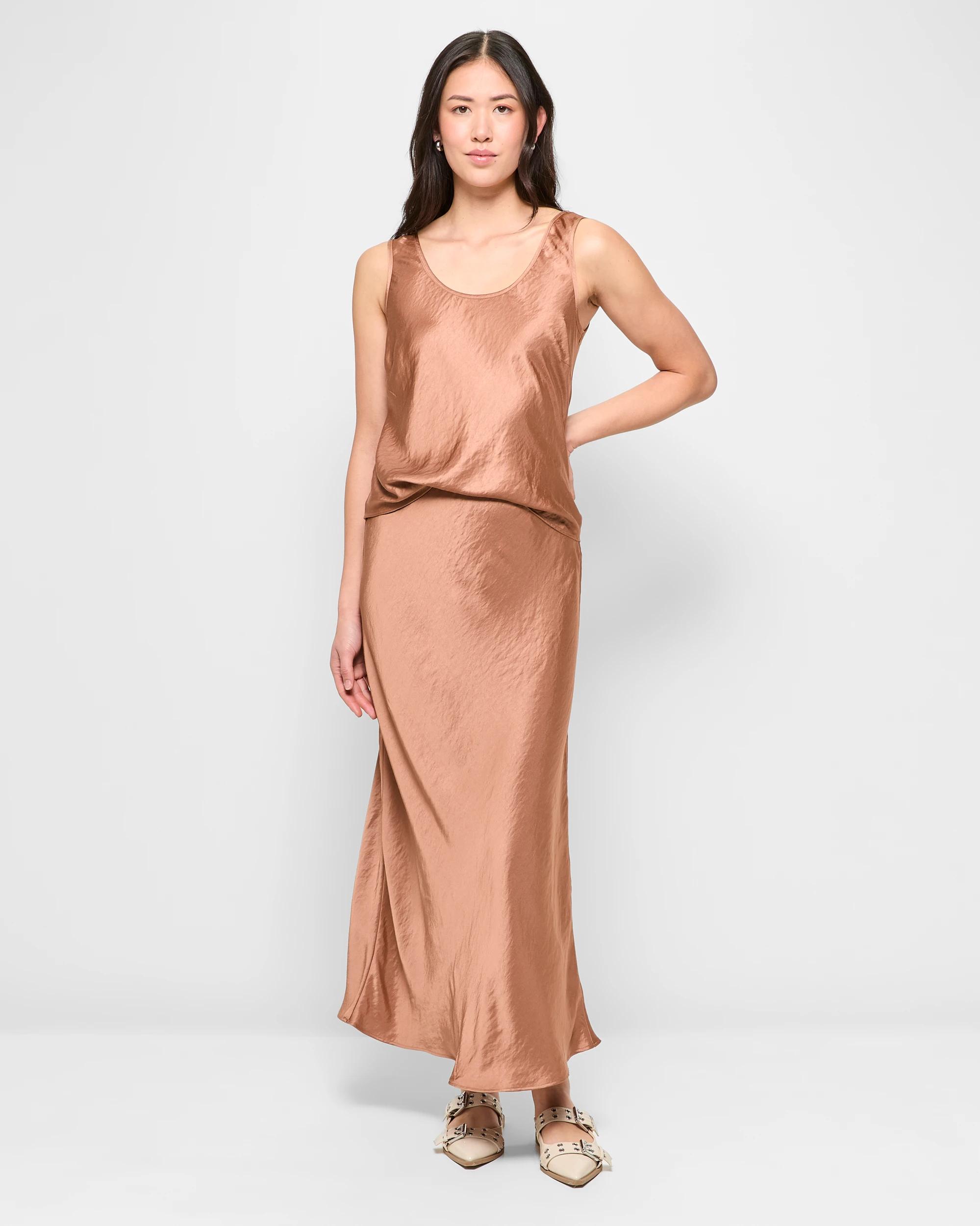 1 Crushed Satin Midi Skirt - Preview TAWNY BROWN, 1 of 5