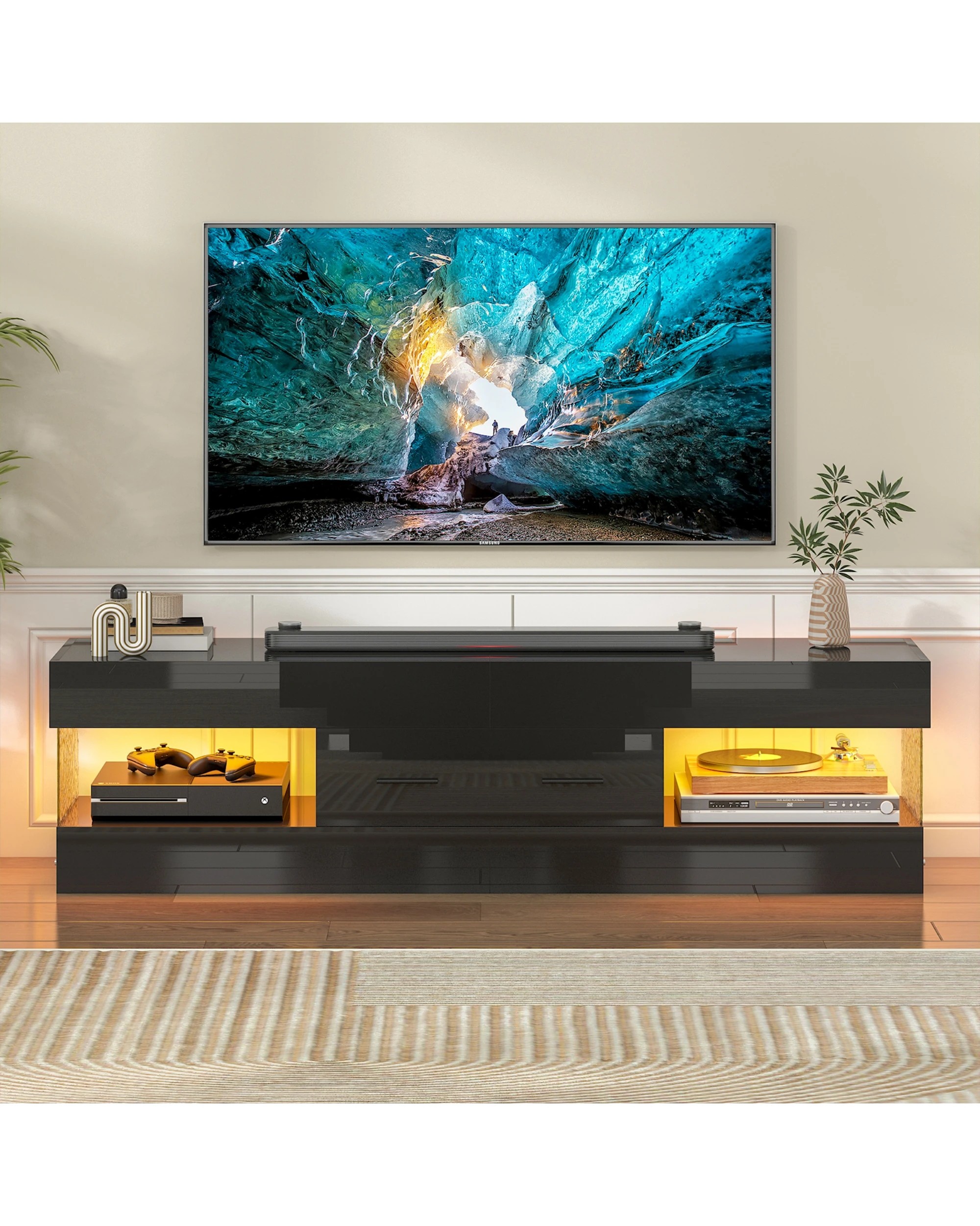 3 Advwin 152cm TV Cabinet LED Entertainment Unit Stand w/ Water Corrugated Side Panels & Drawer, 3 of 8