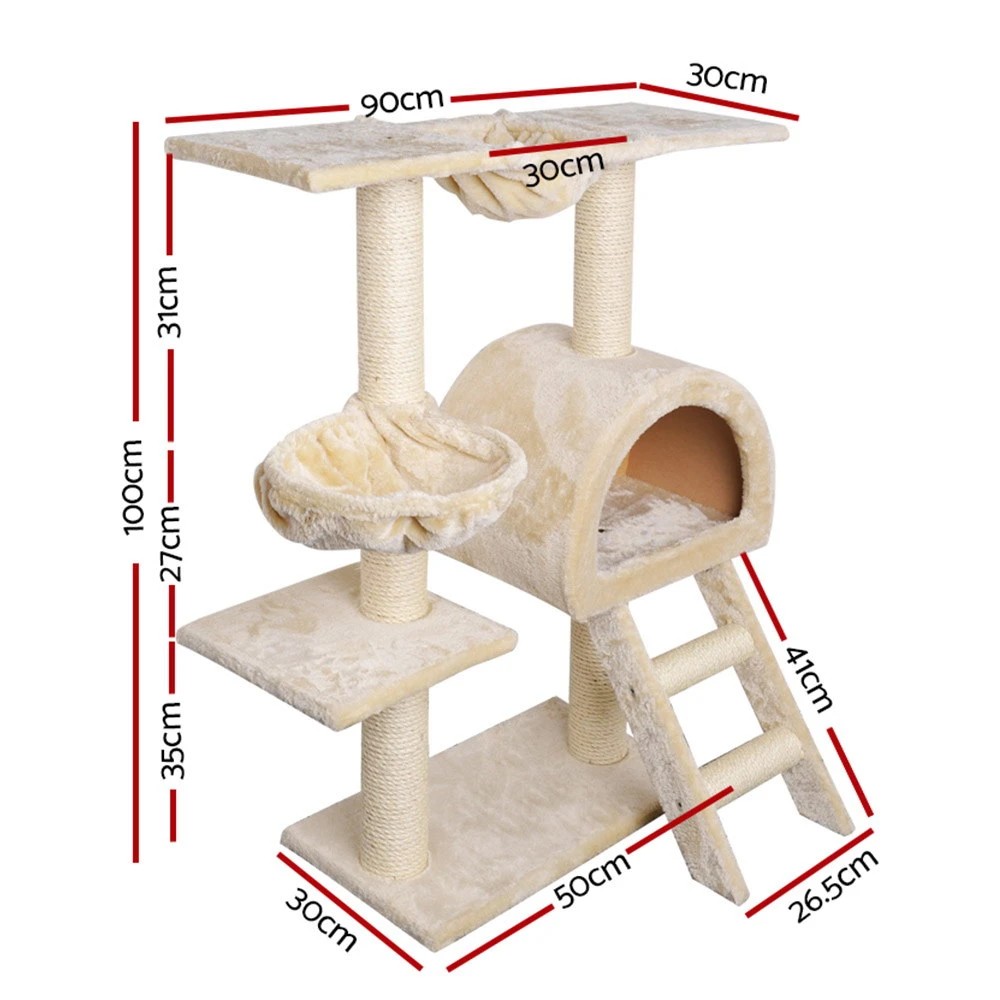 2 i.Pet Cat Tree 100cm Tower Scratching Post Scratcher Condo House Trees Bed - Beige, 2 of 8