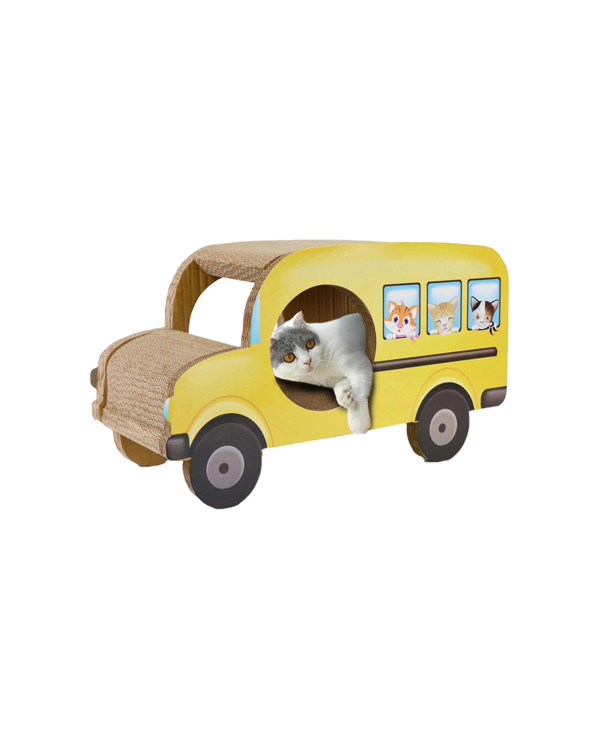 1 Zodiac Pet Cat 61x35cm Scratcher Toy House Durable Corrugated Cardboard Bus - Yellow, 1 of 2