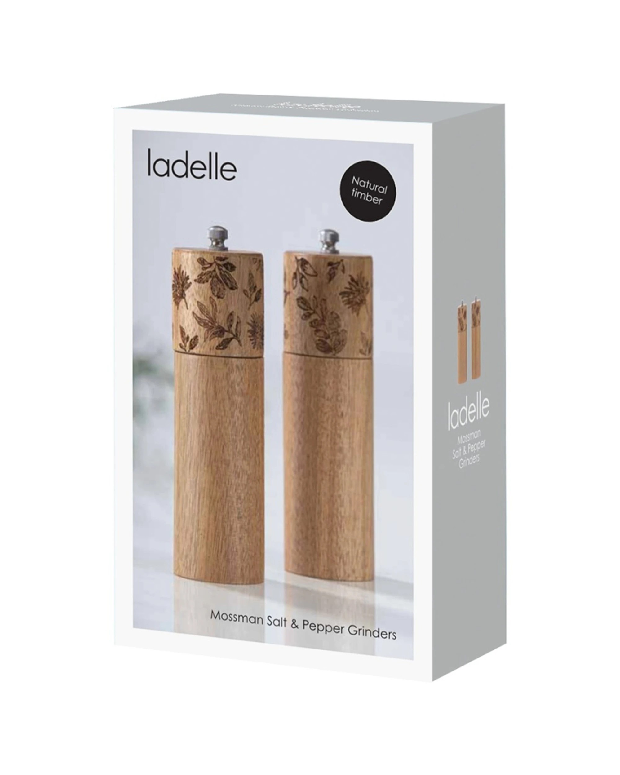 2 Ladelle 2pc Mossman Salt & Pepper Grinder Set Acacia W/ Etched Florals Wood - Natural, 2 of 4