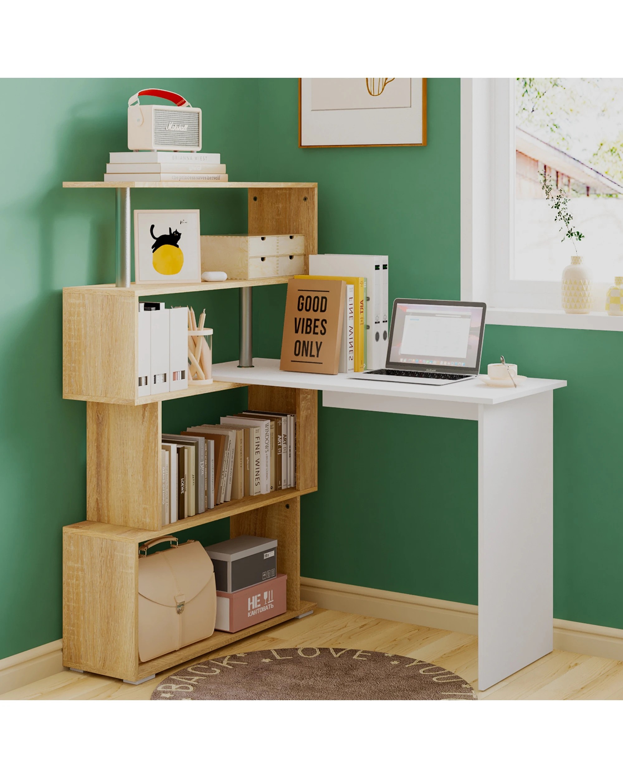 1 Ufurniture Rotating Computer Desk with Bookshelf - Natural, 1 of 8