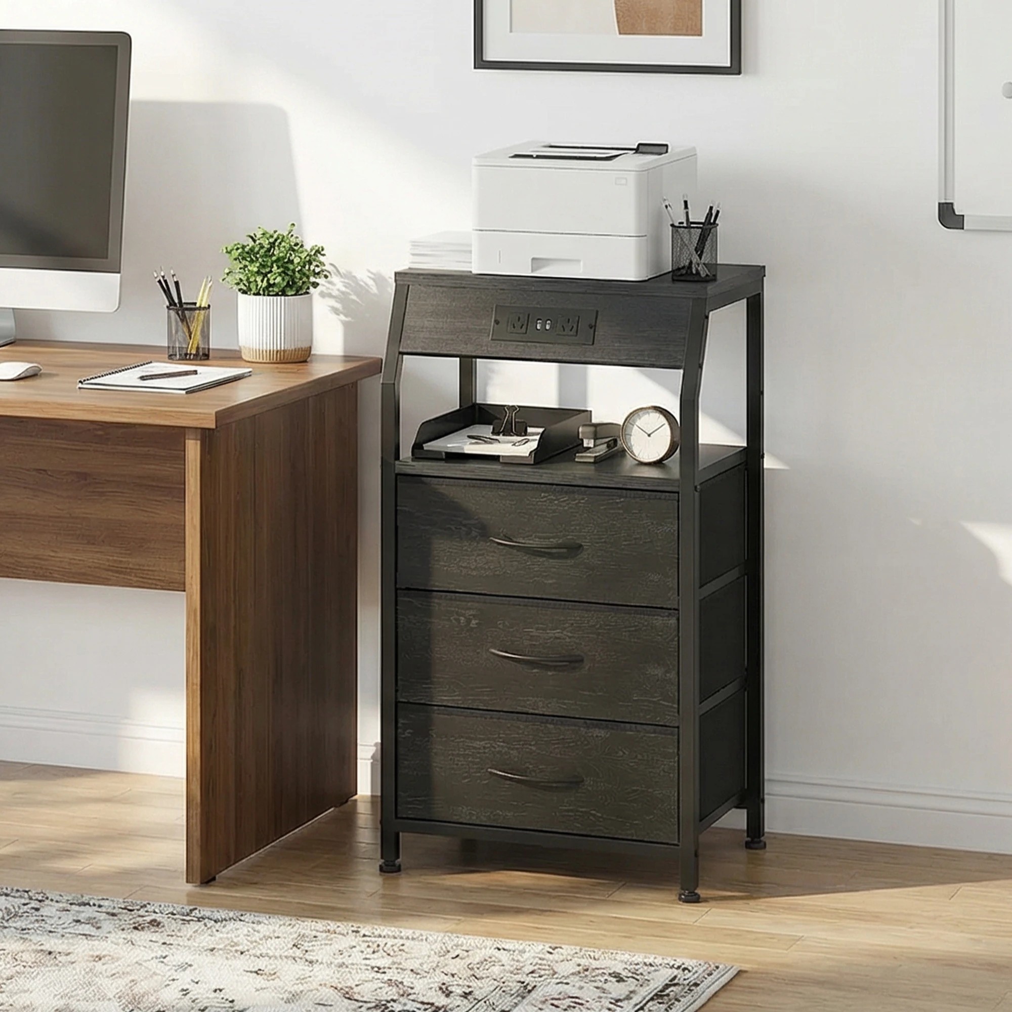 7 Advwin Bedside Table with Charging Station 3 Fabric Drawers Nightstand - Black, 7 of 10
