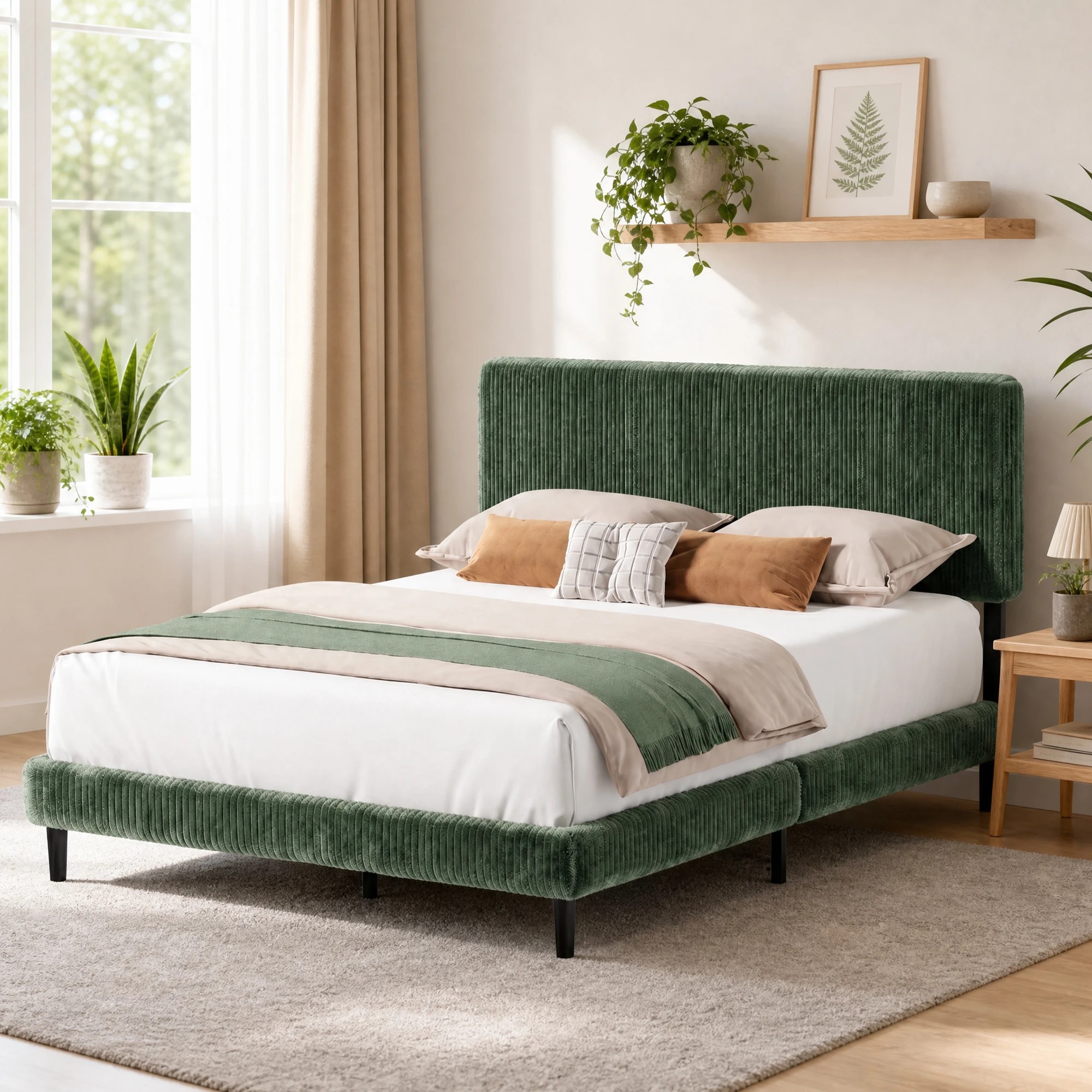 7 Advwin Double Corduroy Upholstered Bed with Adjustable Headboard - Green, 7 of 7