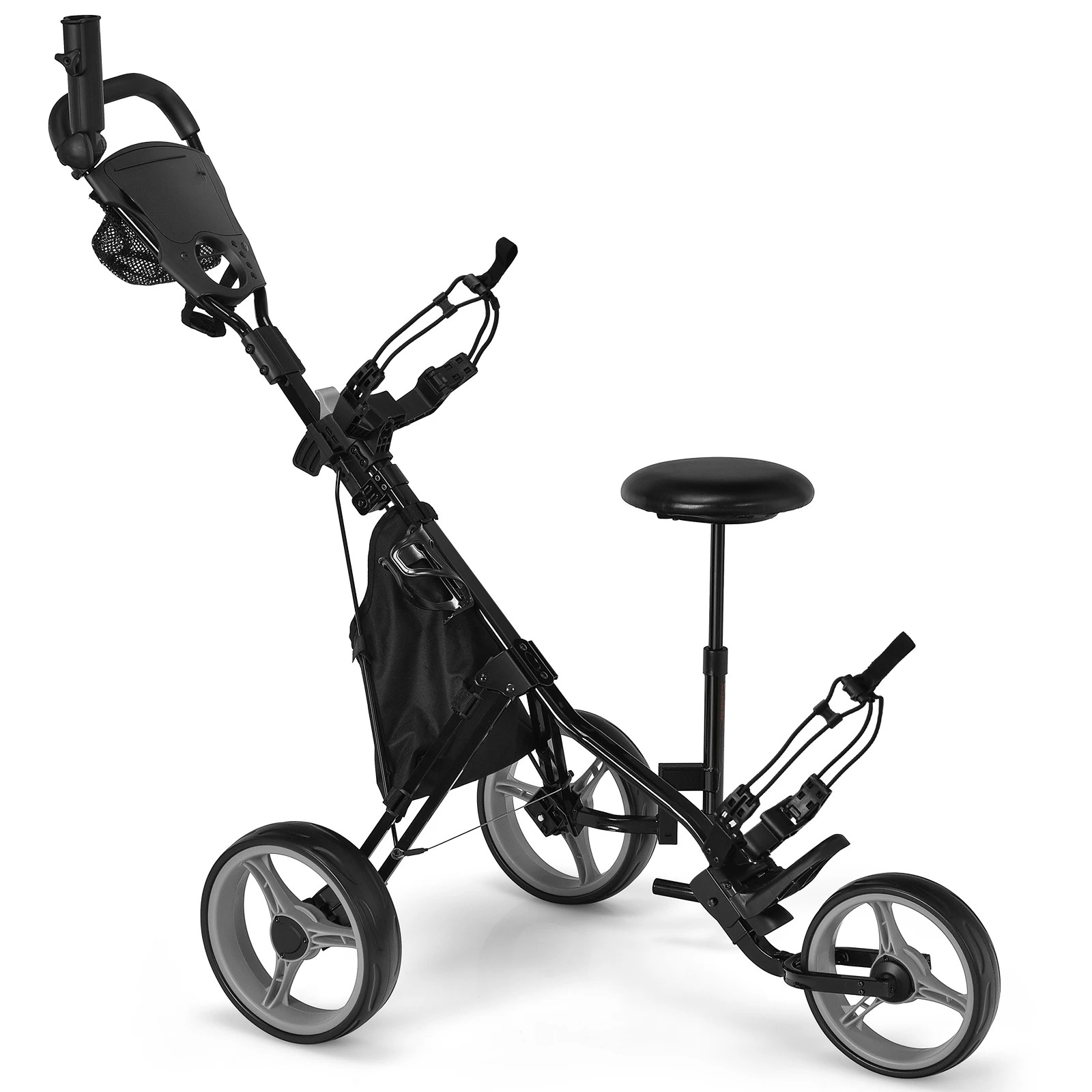 1 Costway Foldable Golf Buggy Trolley 3 Wheels Golf Club Push Cart w/Seat/Storage Bag/Umbrella Holder - Black, 1 of 1