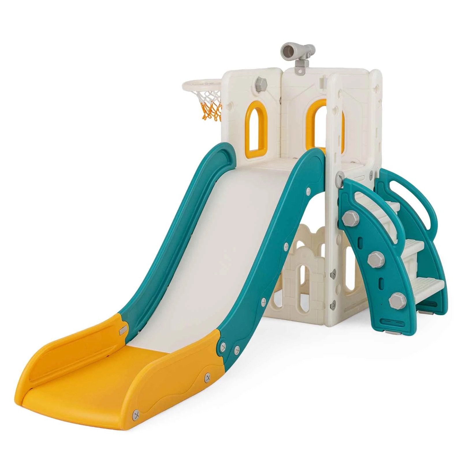 1 Costway 6 in 1 Slide Set Climber & Slide Playset Basketball Hoop - Yellow, 1 of 2