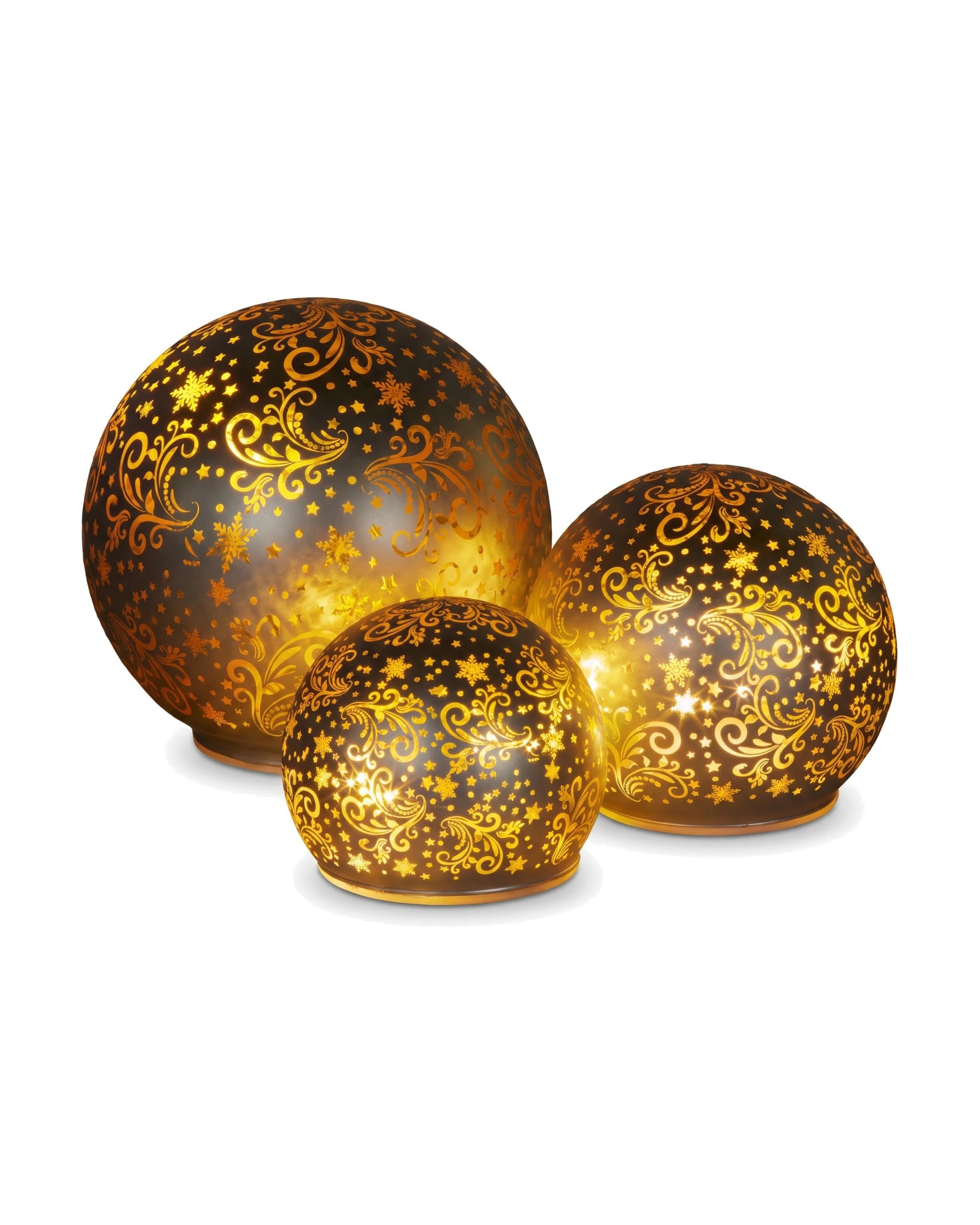 1 Christabelle 3-Piece Silver Glass Christmas LED Spheres with Gold Scrollwork - Gold, 1 of 6