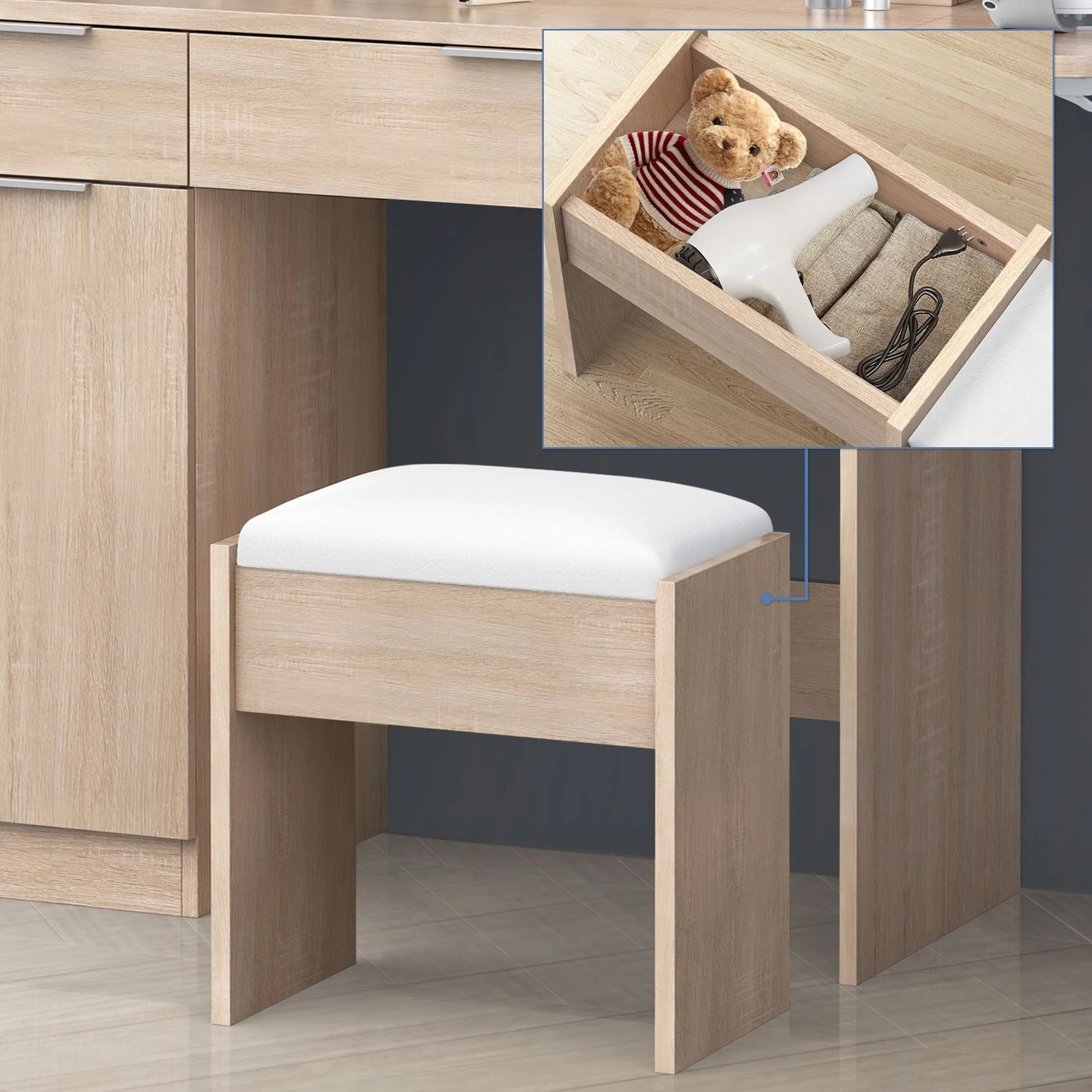 7 Alfordson Dressing Table Stool Set LED Vanity Desk Makeup Mirror Drawers - Wood, 7 of 10