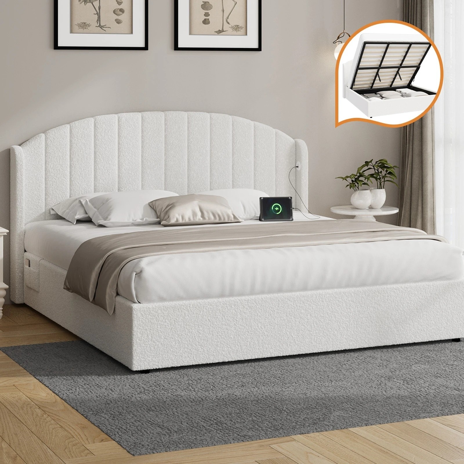 3 Oikiture Bed Frame King Size With Gas Lift Storage USB Charging Boucle - White, 3 of 8